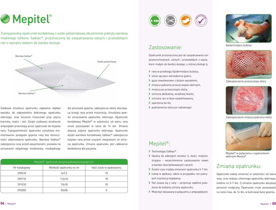 Epidermolysis bullosa Warstwa Safetac Siatka poliamidowa Opatrunek przeznaczony jest do zaopatrywania ran powierzchownych, ostrych i przewlekłych z wysiękiem małym do bardzo dużego, o różnej