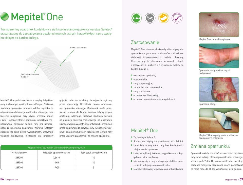 Siatkowa struktura opatrunku zapewnia odpływ wysięku do odpowiednio dobranego opatrunku wtórnego, oraz leczenie miejscowe przy użyciu kremów, maści i żeli.