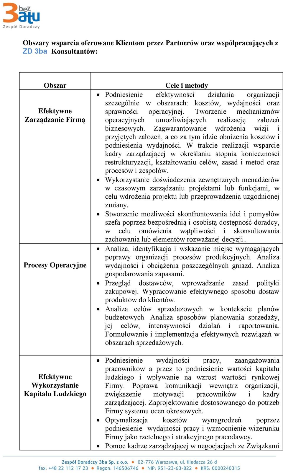 Tworzenie mechanizmów operacyjnych umożliwiających realizację założeń biznesowych. Zagwarantowanie wdrożenia wizji i przyjętych założeń, a co za tym idzie obniżenia kosztów i podniesienia wydajności.