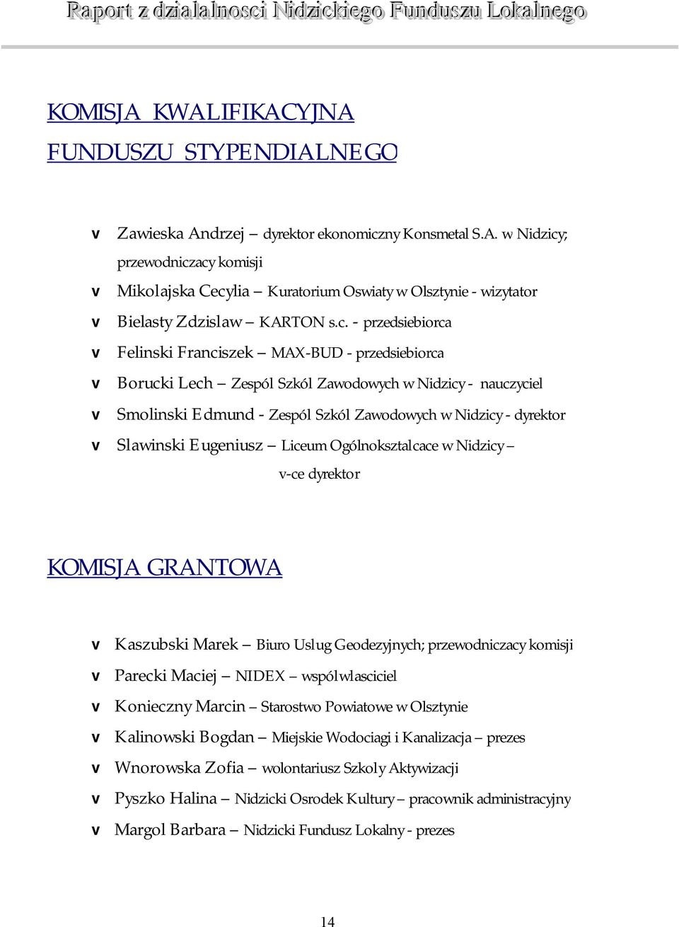 Eugeniusz Liceum Ogólnoksztalcace w Nidzicy -ce dyrektor KOMISJA GRANTOWA Kaszubski Marek Biuro Uslug Geodezyjnych; przewodniczacy komisji Parecki Maciej NIDEX wspólwlasciciel Konieczny Marcin