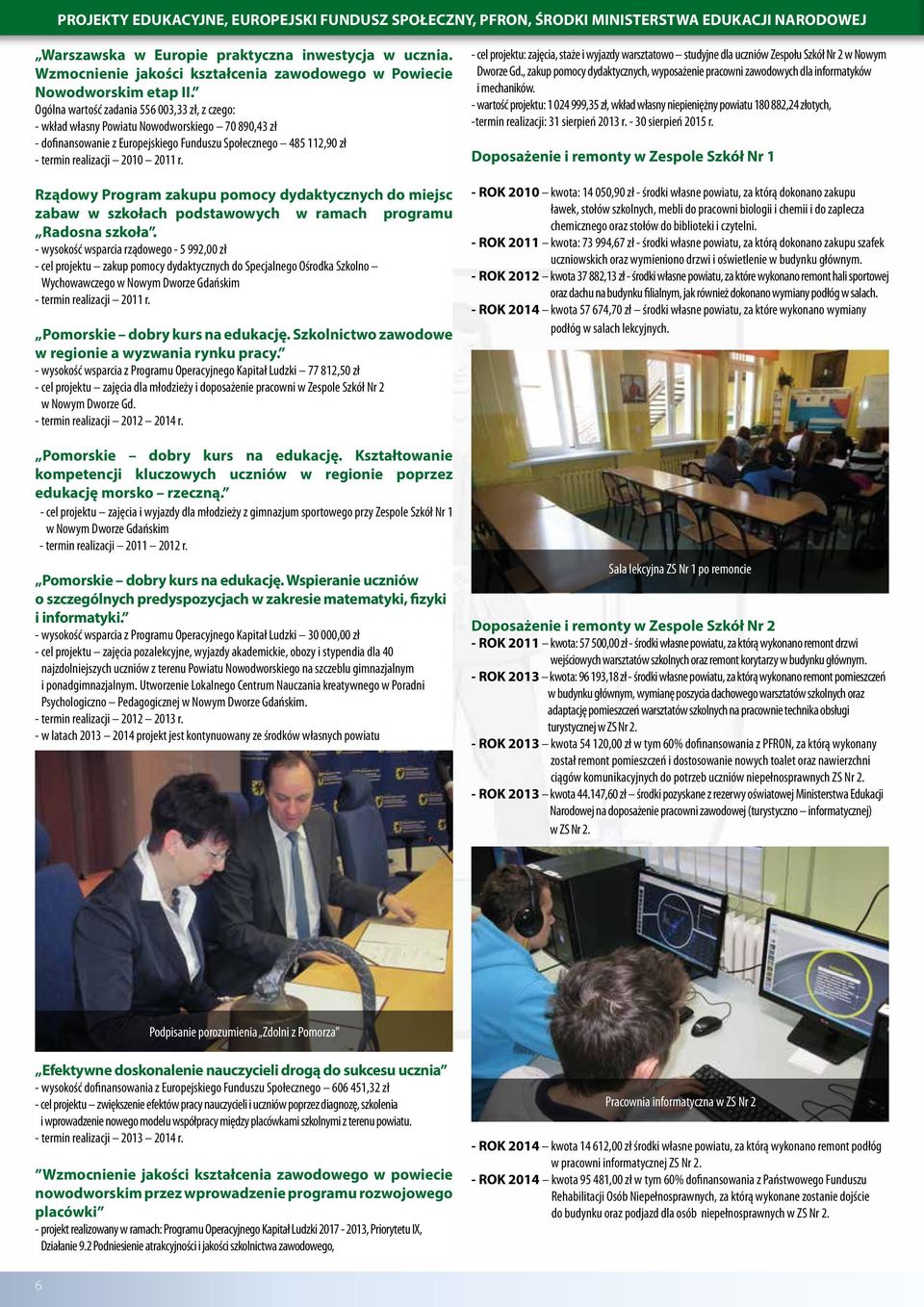 Ogólna wartość zadania 556 003,33 zł, z czego: - wkład własny Powiatu Nowodworskiego 70 890,43 zł - dofinansowanie z Europejskiego Funduszu Społecznego 485 112,90 zł - termin realizacji 2010 2011 r.