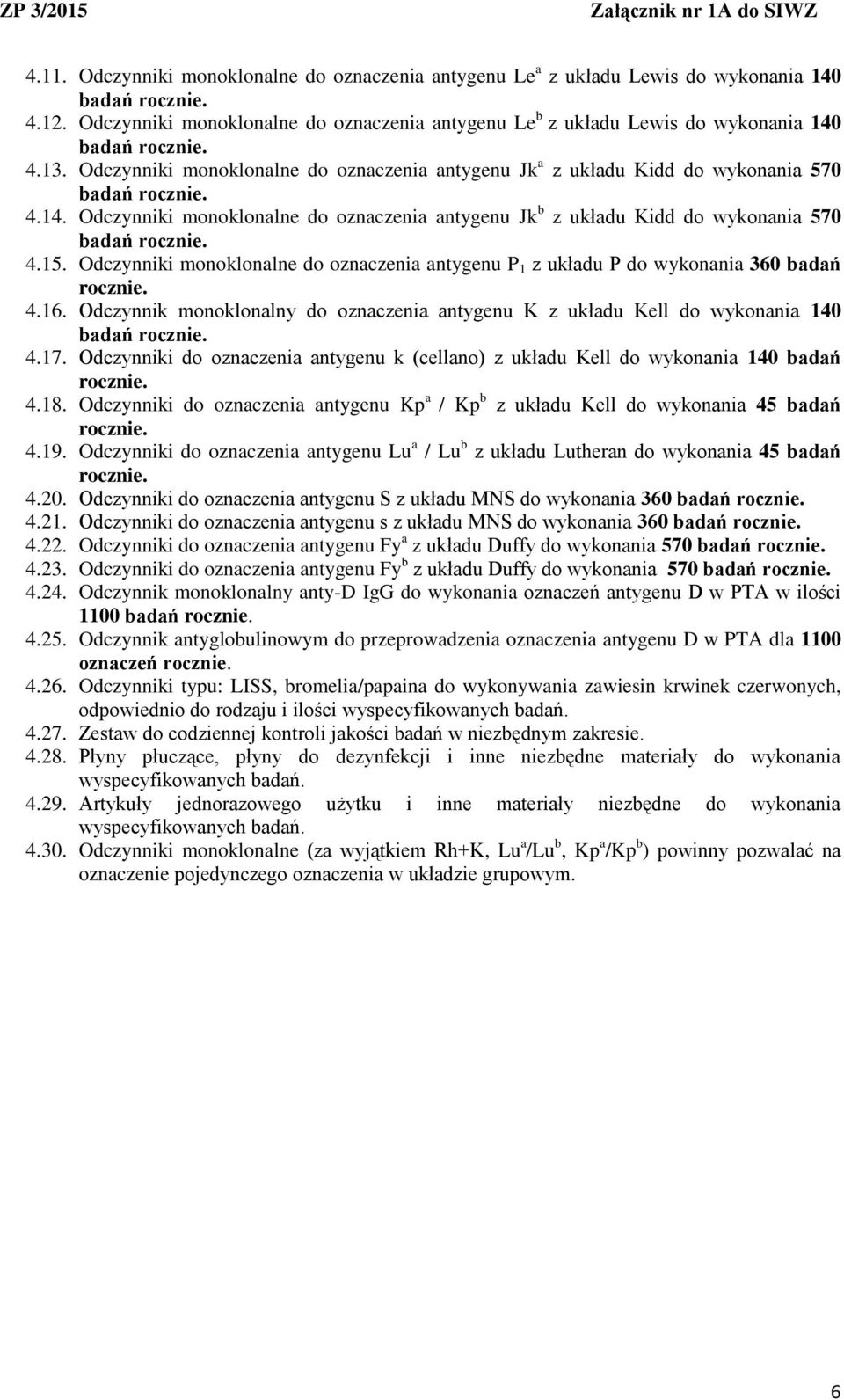 Odczynniki monoklonalne do oznaczenia antygenu P 1 z układu P do wykonania 360 badań 4.16. Odczynnik monoklonalny do oznaczenia antygenu K z układu Kell do wykonania 140 4.17.