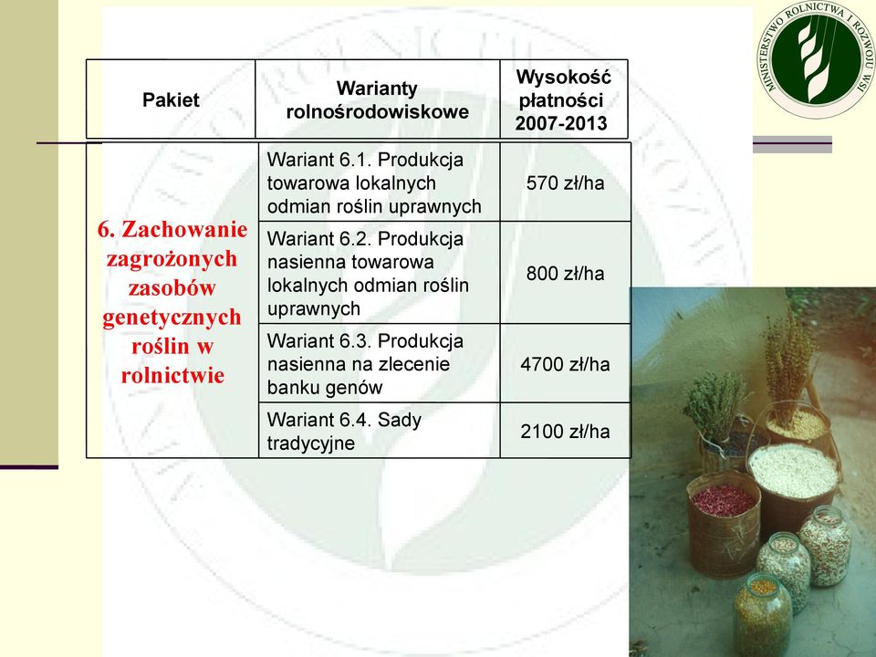 płatności 2007-2013 Wariant 6.1. Produkcja towarowa lokalnych odmian roślin uprawnych 570 zł/ha Wariant 6.