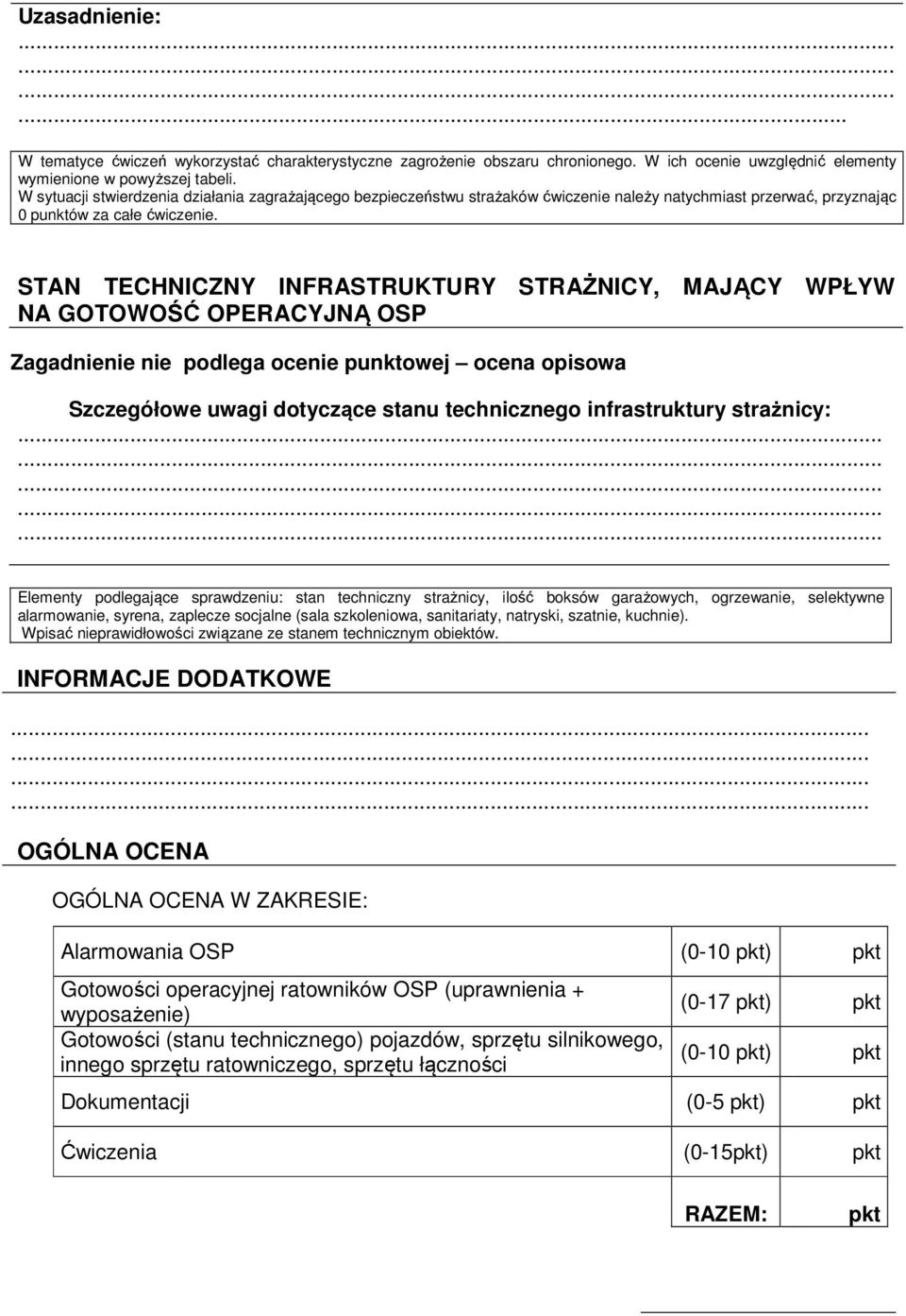 STAN TECHNICZNY INFRASTRUKTURY STRAŻNICY, MAJĄCY WPŁYW NA GOTOWOŚĆ OPERACYJNĄ OSP Zagadnienie nie podlega ocenie punktowej ocena opisowa Szczegółowe uwagi dotyczące stanu technicznego infrastruktury