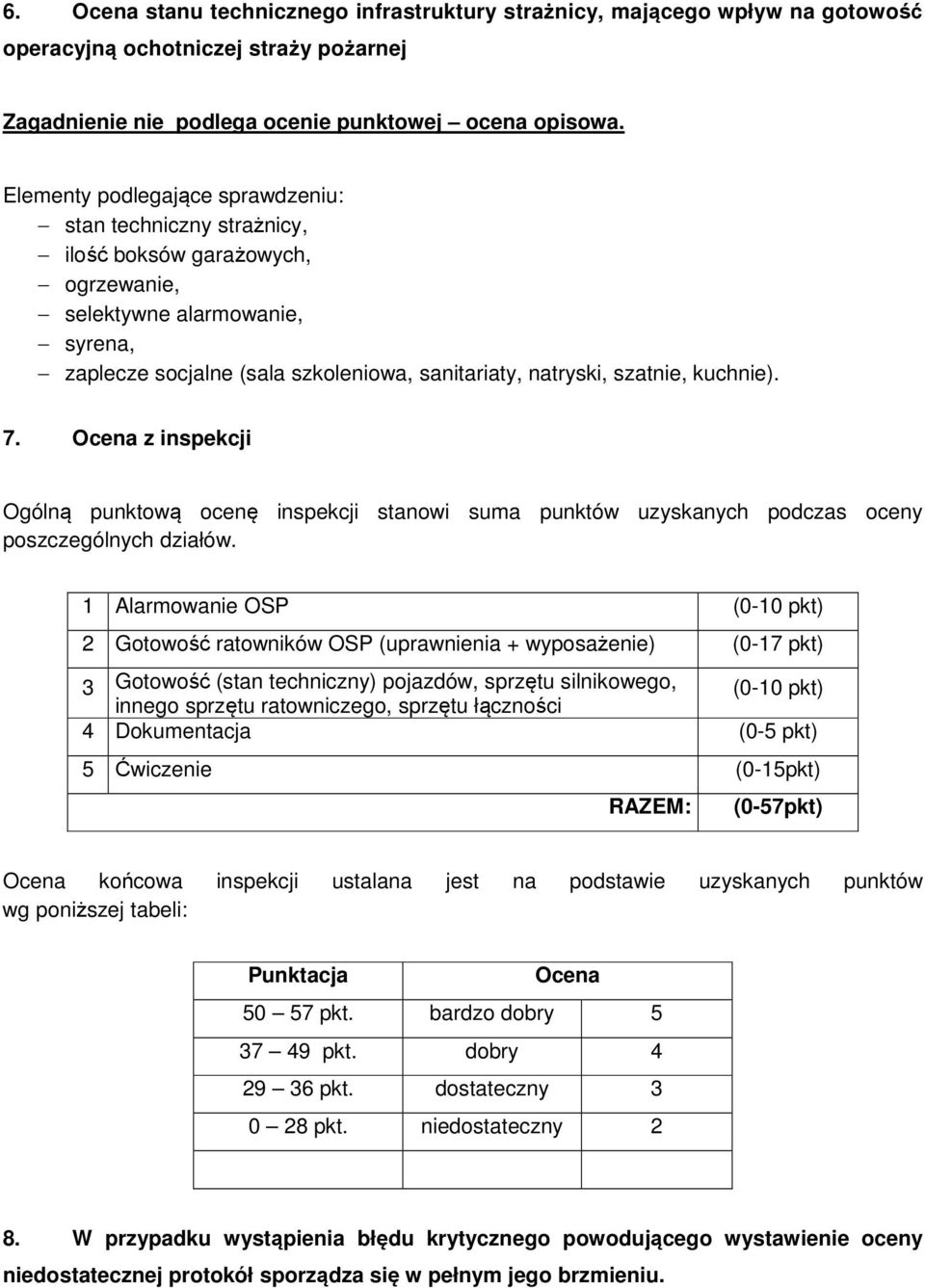 kuchnie). 7. Ocena z inspekcji Ogólną punktową ocenę inspekcji stanowi suma punktów uzyskanych podczas oceny poszczególnych działów.