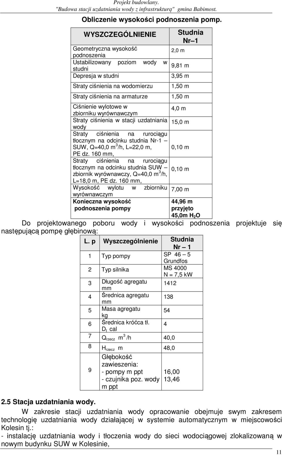 1,50 m 1,50 m Ciśnienie wylotowe w 4,0 m zbiorniku wyrównawczym Straty ciśnienia w stacji uzdatniania 15,0 m wody Straty ciśnienia na rurociągu tłocznym na odcinku studnia Nr-1 SUW, Q=40,0 m 3 /h,