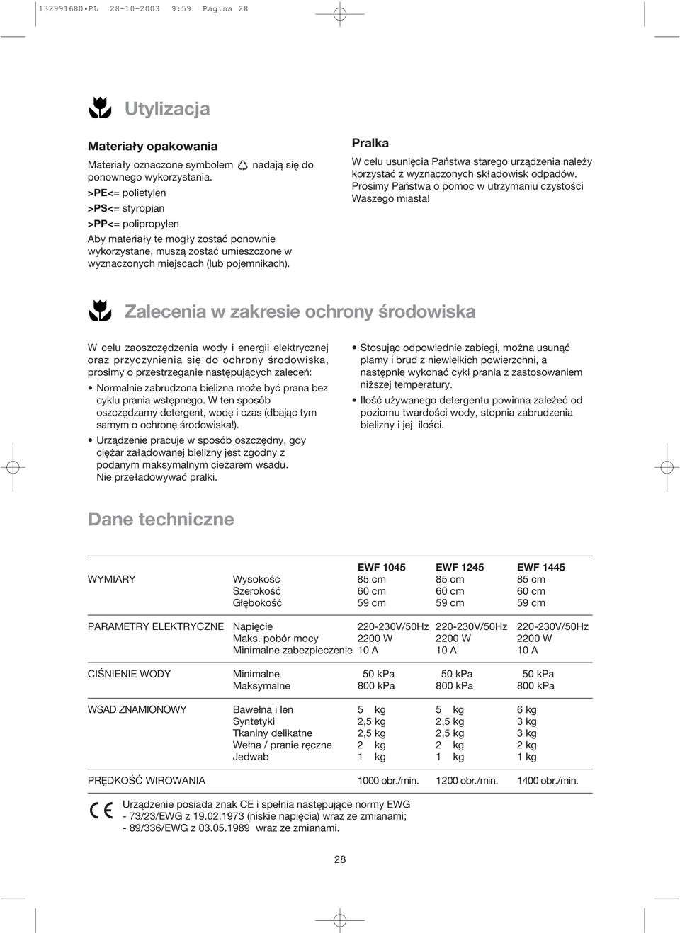Pralka W celu usuniecia Panstwa starego urzadzenia naleqy korzysta z wyznaczonych skladowisk odpadów. Prosimy Panstwa o pomoc w utrzymaniu czystoßci Waszego miasta!