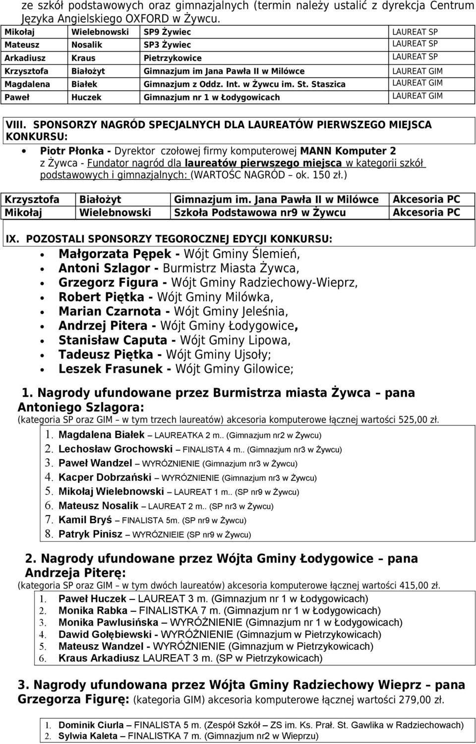 Magdalena Białek Gimnazjum z Oddz. Int. w Żywcu im. St. Staszica LAUREAT GIM Paweł Huczek Gimnazjum nr 1 w Łodygowicach LAUREAT GIM VIII.