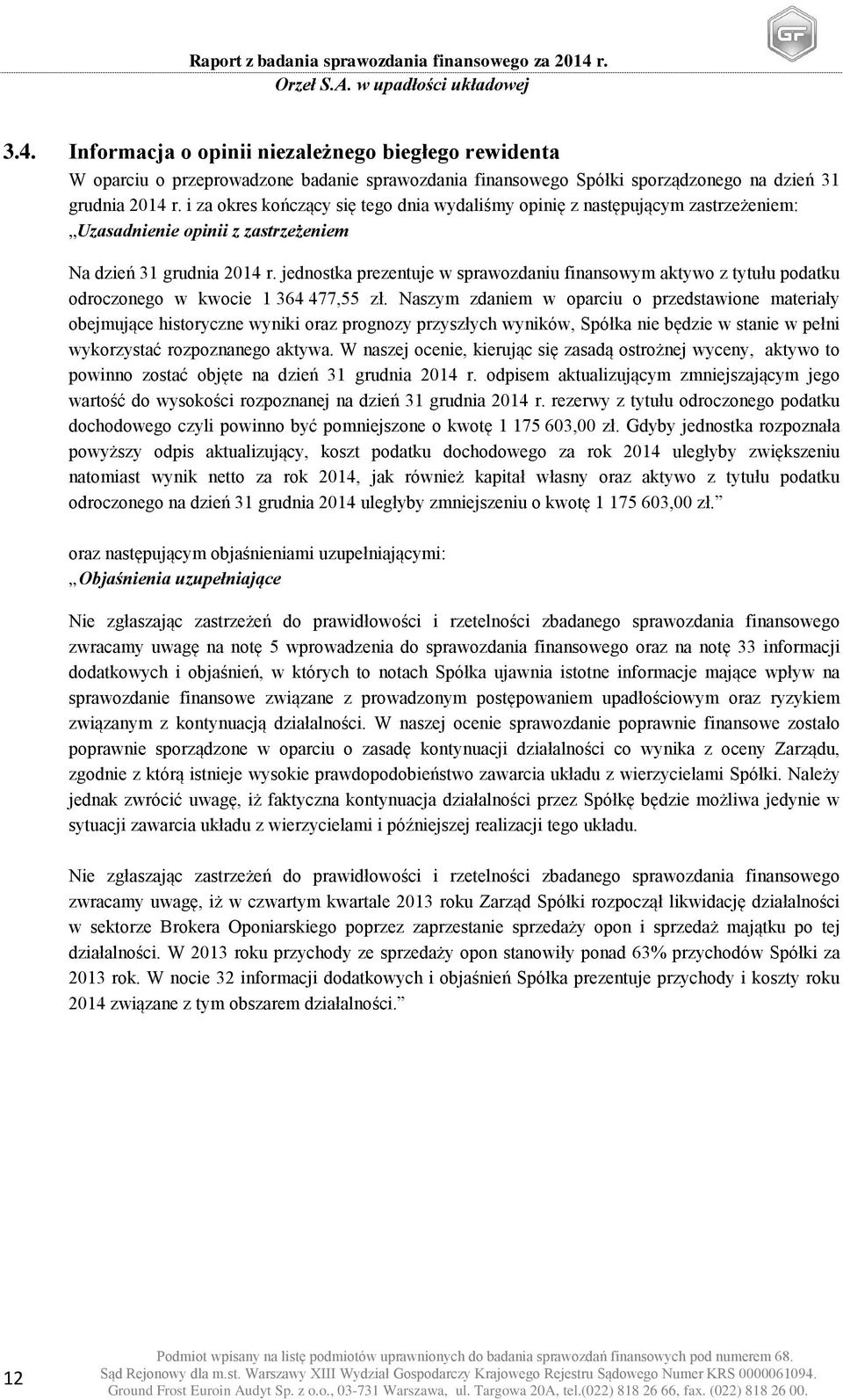 jednostka prezentuje w sprawozdaniu finansowym aktywo z tytułu podatku odroczonego w kwocie 1 364 477,55 zł.