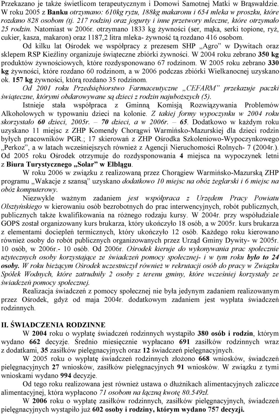 otrzymano 1833 kg żywności (ser, mąka, serki topione, ryż, cukier, kasza, makaron) oraz 1187,2 litra mleka- żywność tą rozdano 416 osobom.