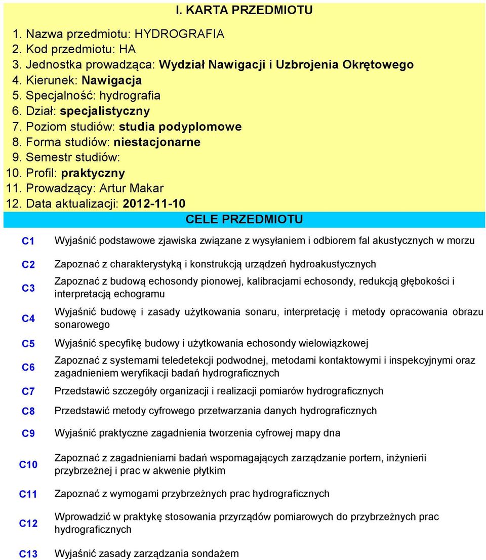 Data aktualizacji: 01-11-10 CELE PRZEDMIOTU Wyjaśnić podstawowe zjawiska związane z wysyłaniem i odbiorem fal akustycznych w morzu C C C4 C5 C6 C7 C8 C9 C10 C11 C1 C1 Zapoznać z charakterystyką i