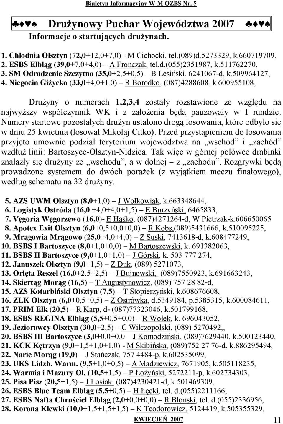 600955108, DruŜyny o numerach 1,2,3,4 zostały rozstawione ze względu na najwyŝszy współczynnik WK i z załoŝenia będą pauzowały w I rundzie.