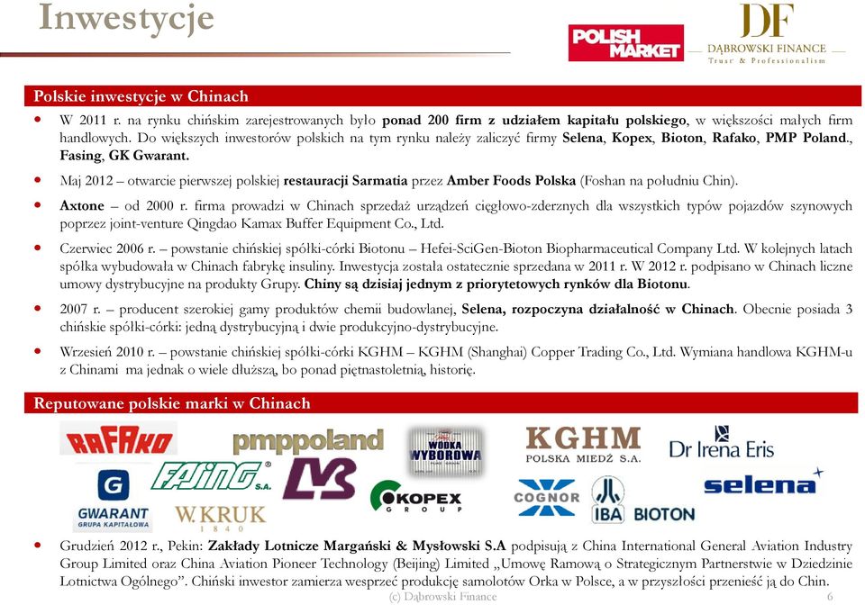 Maj 2012 otwarcie pierwszej polskiej restauracji Sarmatia przez Amber Foods Polska (Foshan na południu Chin). Axtone od 2000 r.