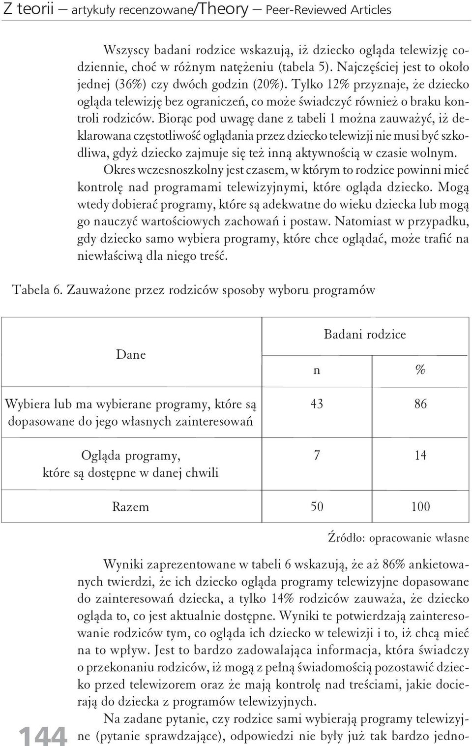 Biorąc pod uwagę dae z tabeli 1 moża zauważyć, iż deklarowaa częstotliwość oglądaia przez dziecko telewizji ie musi być szkodliwa, gdyż dziecko zajmuje się też ią aktywością w czasie wolym.