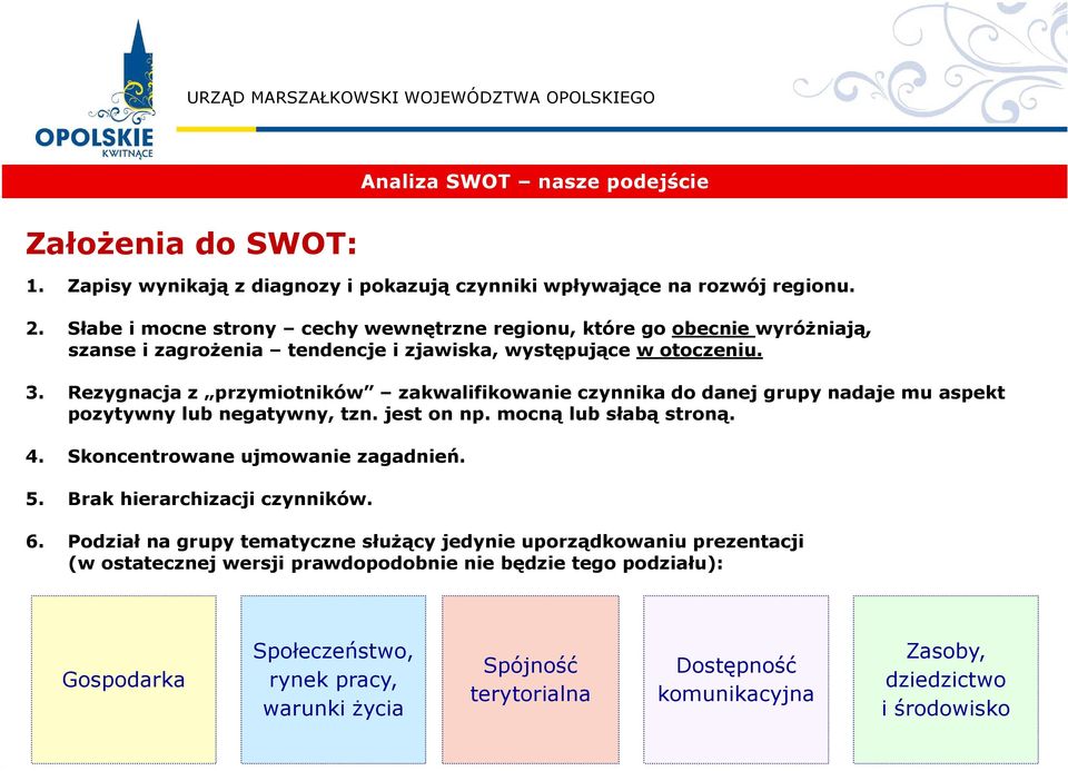 Rezygnacja z przymiotników zakwalifikowanie czynnika do danej grupy nadaje mu aspekt pozytywny lub negatywny, tzn. jest on np. mocną lub słabą stroną. 4. Skoncentrowane ujmowanie zagadnień. 5.