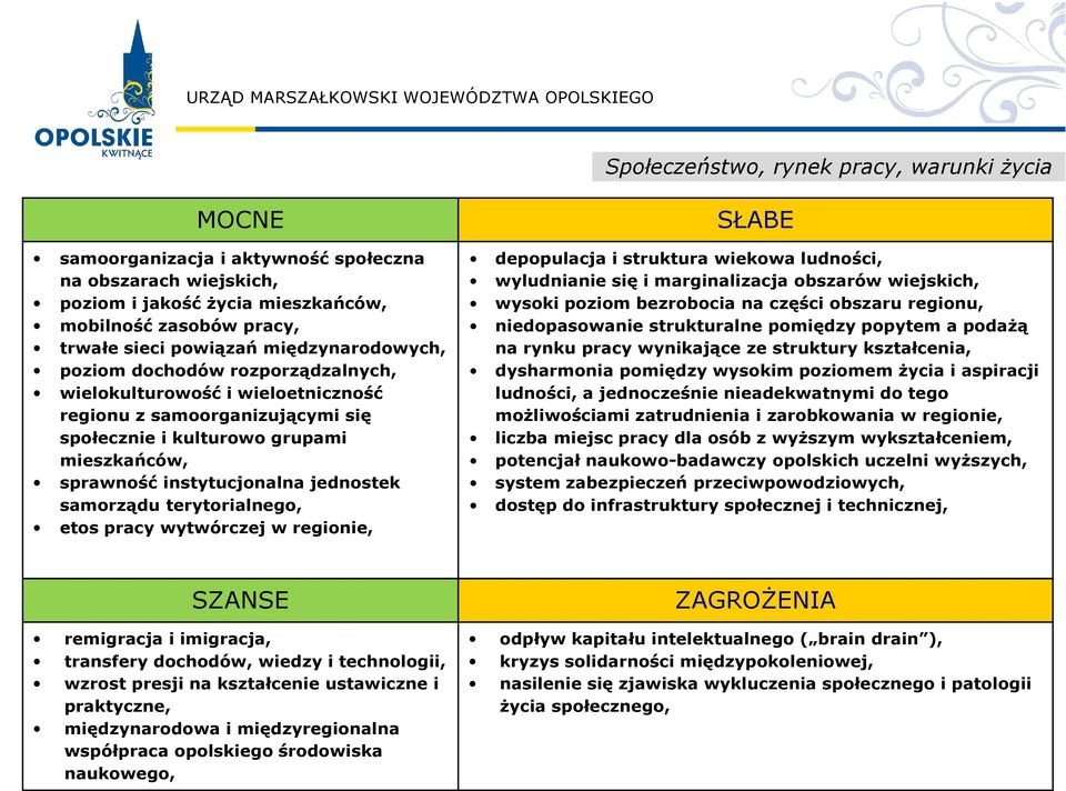 samorządu terytorialnego, etos pracy wytwórczej w regionie, depopulacja i struktura wiekowa ludności, wyludnianie się i marginalizacja obszarów wiejskich, wysoki poziom bezrobocia na części obszaru