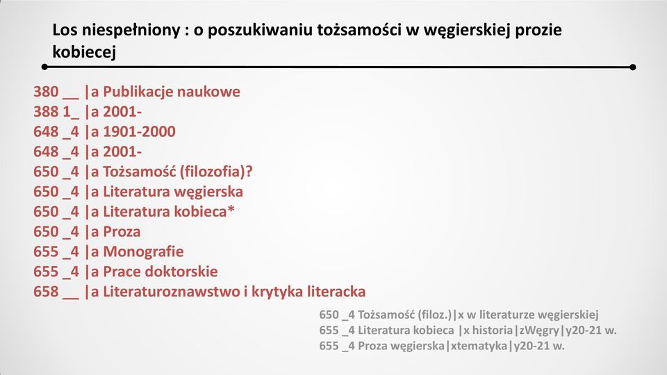 650 _4 a Literatura węgierska 650 _4 a Literatura kobieca* 650 _4 a Proza 655 _4 a Monografie 655 _4 a Prace doktorskie