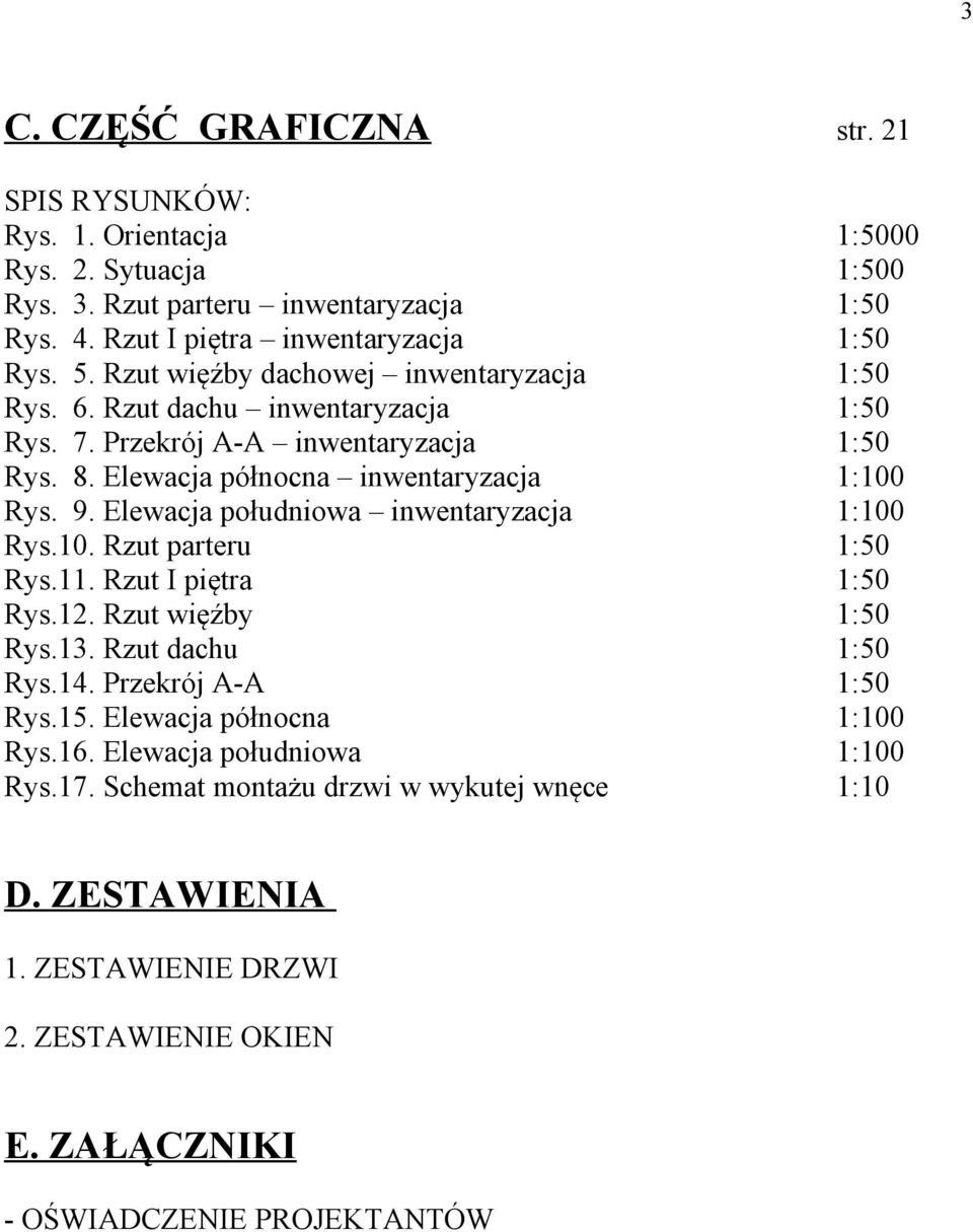 Elewacja południowa inwentaryzacja 1:100 Rys.10. Rzut parteru 1:50 Rys.11. Rzut I piętra 1:50 Rys.12. Rzut więźby 1:50 Rys.13. Rzut dachu 1:50 Rys.14. Przekrój A-A 1:50 Rys.15.