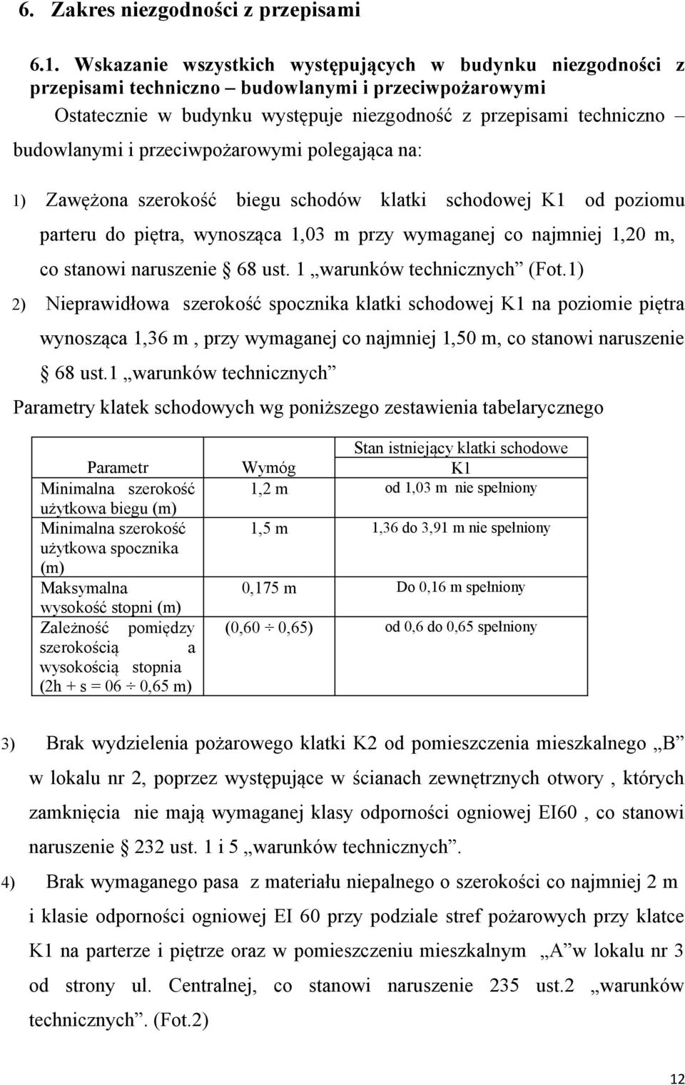 przeciwpożarowymi polegająca na: 1) Zawężona szerokość biegu schodów klatki schodowej K1 od poziomu parteru do piętra, wynosząca 1,03 m przy wymaganej co najmniej 1,20 m, co stanowi naruszenie 68 ust.