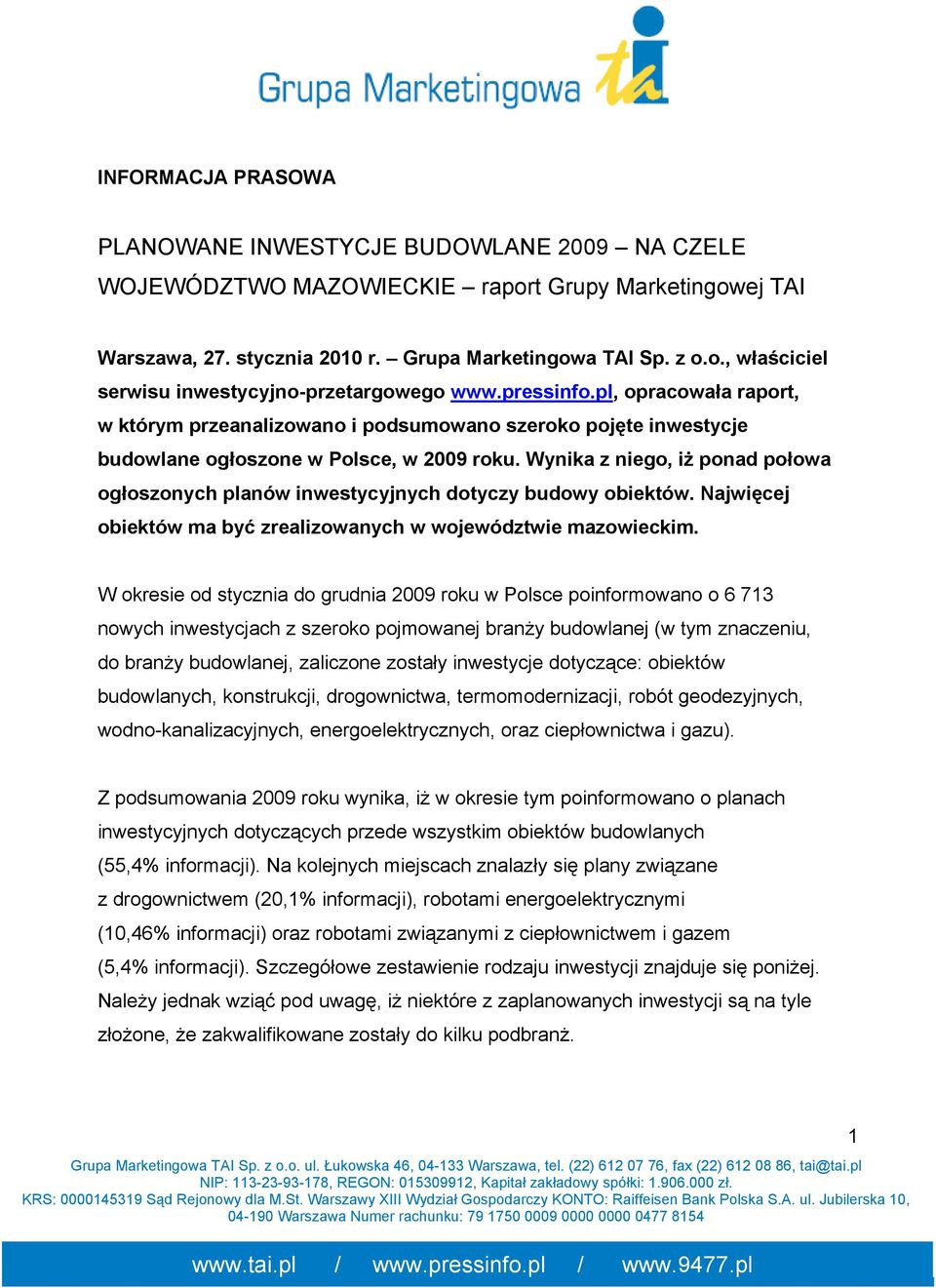 Wynika z niego, iŝ ponad połowa ogłoszonych planów inwestycyjnych dotyczy budowy obiektów. Najwięcej obiektów ma być zrealizowanych w województwie mazowieckim.