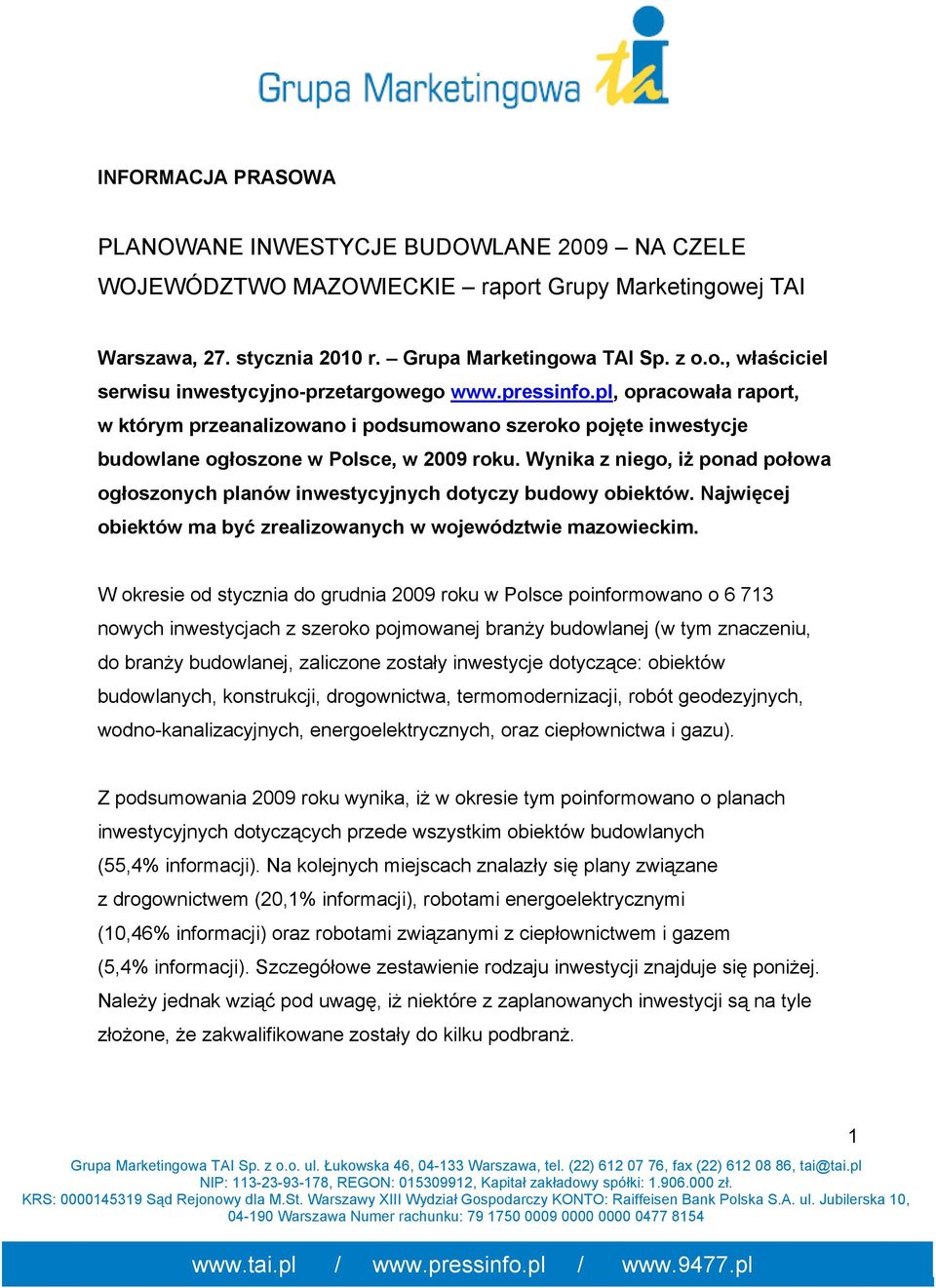 Wynika z niego, iŝ ponad połowa ogłoszonych planów inwestycyjnych dotyczy budowy obiektów. Najwięcej obiektów ma być zrealizowanych w województwie mazowieckim.