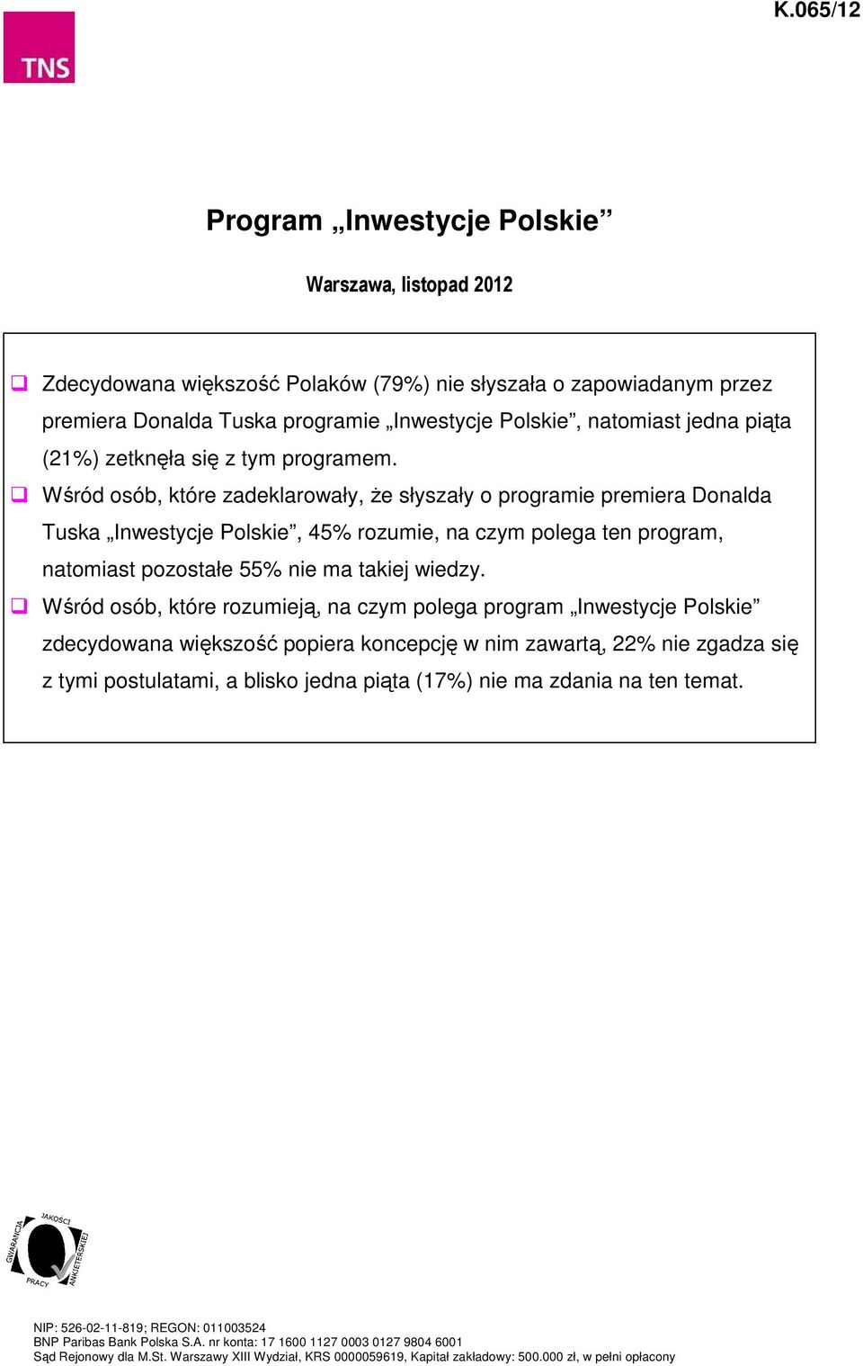 Wśród osób, które zadeklarowały, że słyszały o programie premiera Donalda Tuska Inwestycje Polskie, 45% rozumie, na czym polega ten program, natomiast pozostałe 55% nie ma takiej wiedzy.