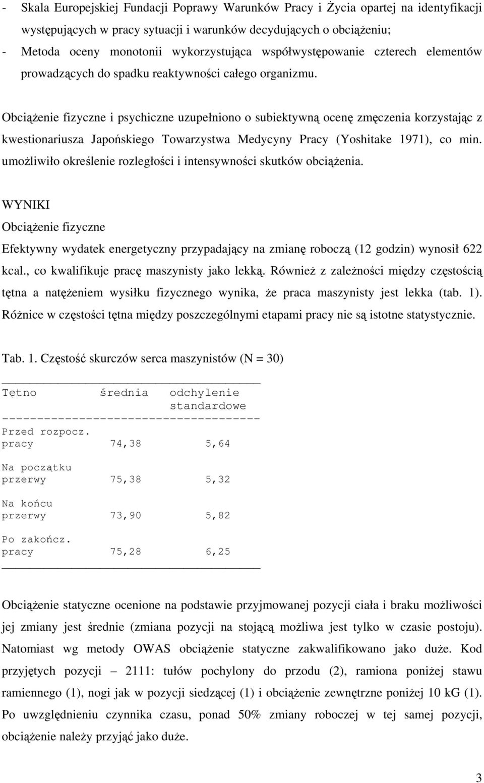 Obcienie fizyczne i psychiczne uzupełniono o subiektywn ocen zmczenia korzystajc z kwestionariusza Japoskiego Towarzystwa Medycyny Pracy (Yoshitake 1971), co min.