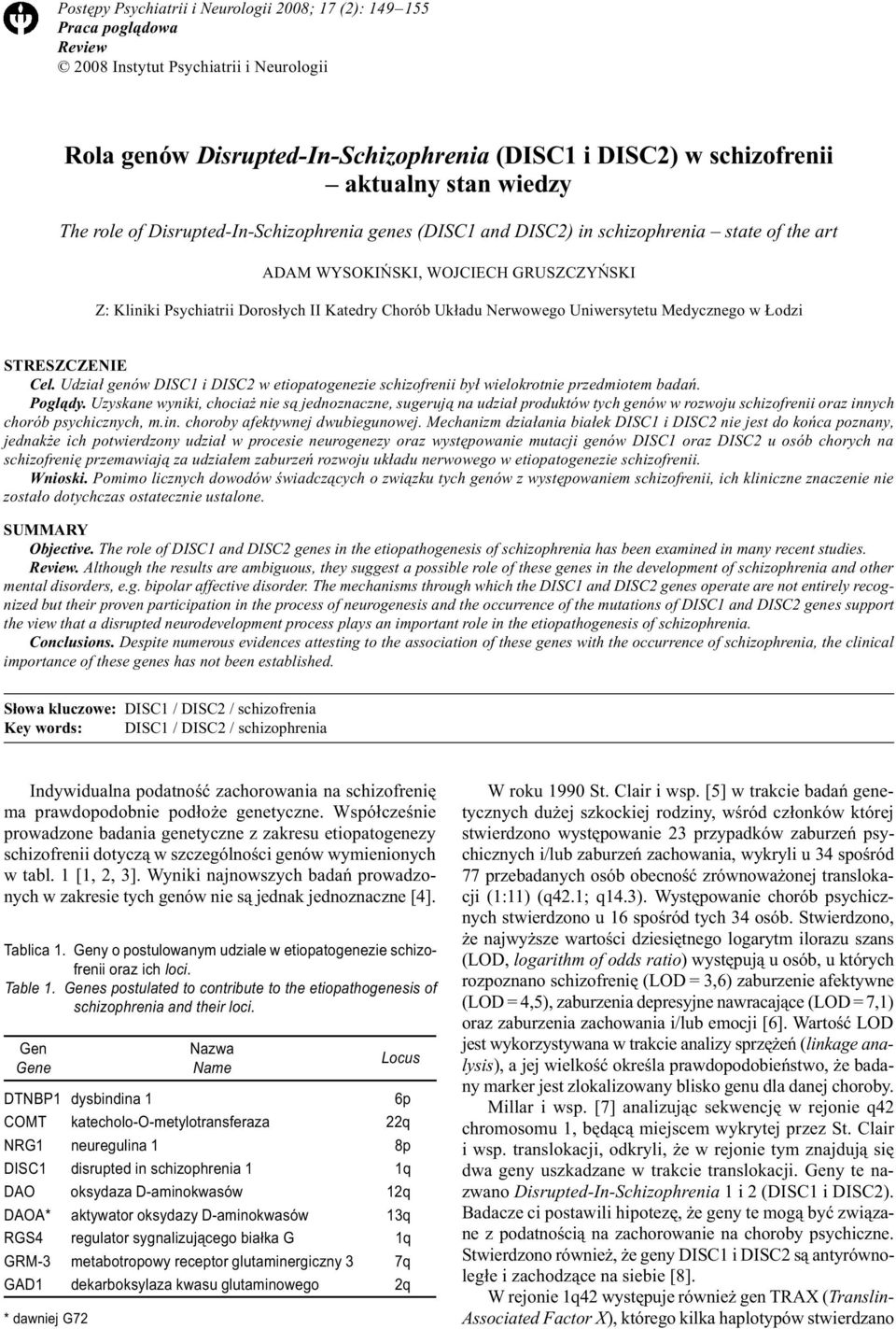 Uk³adu Nerwowego Uniwersytetu Medycznego w odzi STRESZCZENIE Cel. Udzia³ genów DISC1 i DISC2 w etiopatogenezie schizofrenii by³ wielokrotnie przedmiotem badañ. Pogl¹dy.