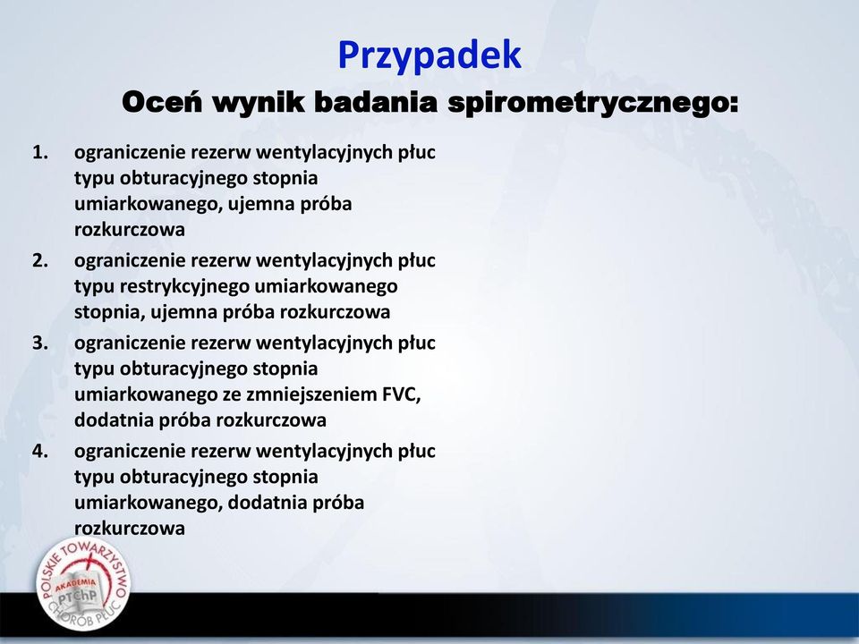 ograniczenie rezerw wentylacyjnych płuc typu restrykcyjnego umiarkowanego stopnia, ujemna próba rozkurczowa 3.