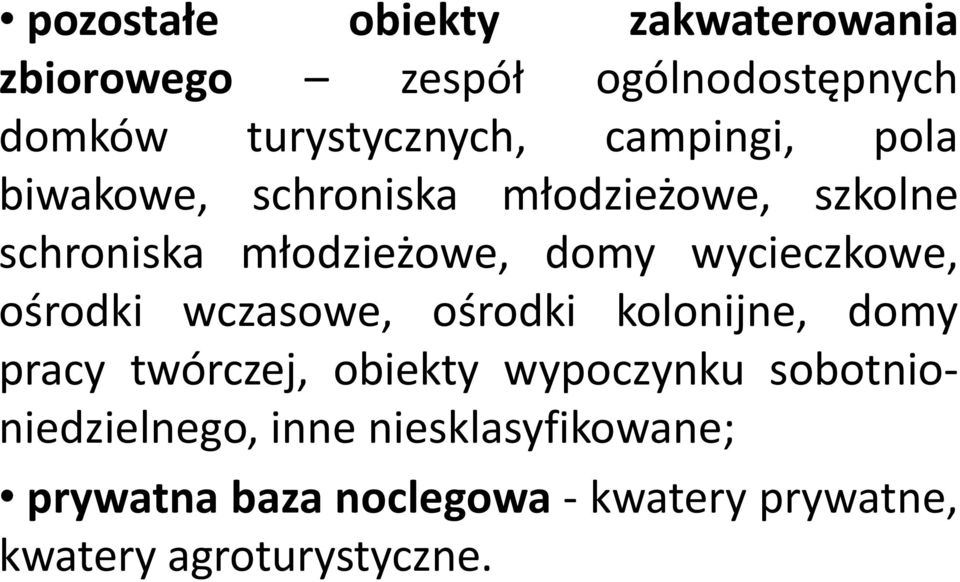 wycieczkowe, ośrodki wczasowe, ośrodki kolonijne, domy pracy twórczej, obiekty wypoczynku