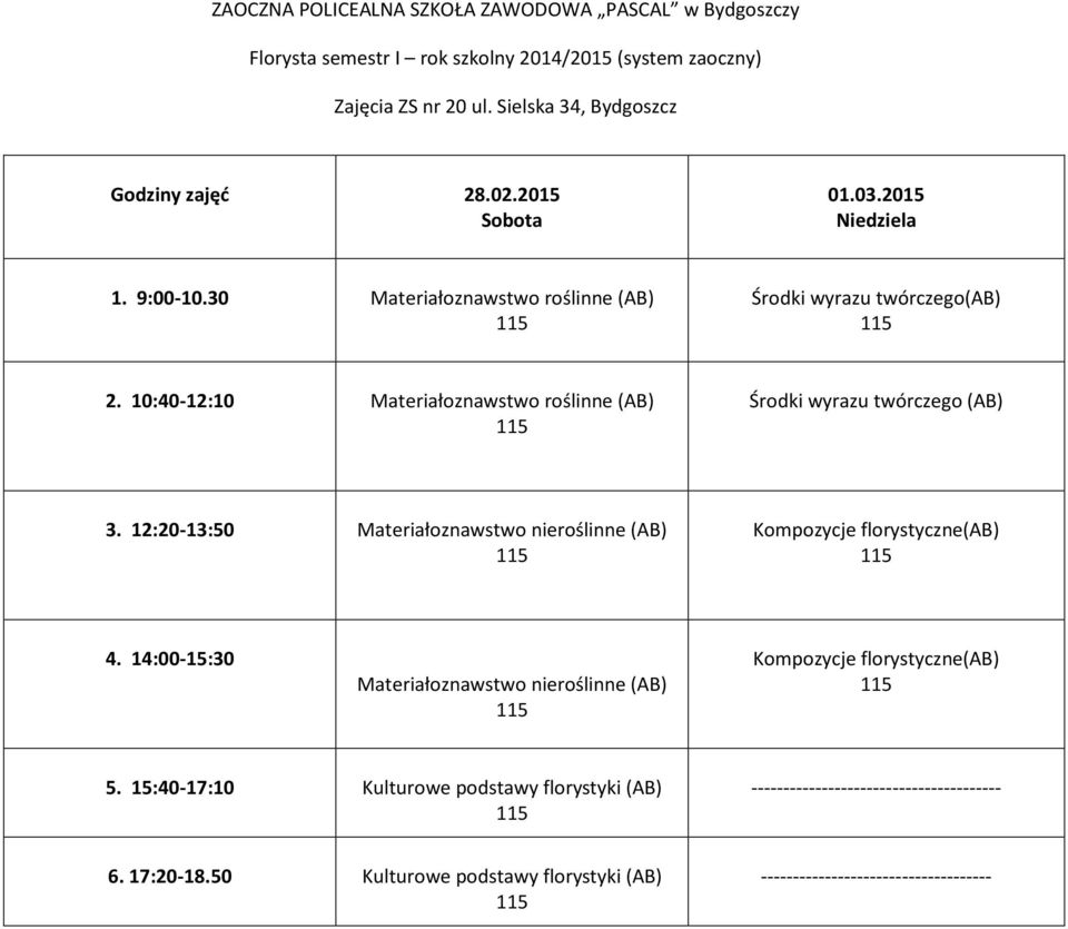 10:40-12:10 Materiałoznawstwo roślinne (AB) 3. 12:20-13:50 Materiałoznawstwo nieroślinne (AB) 4.