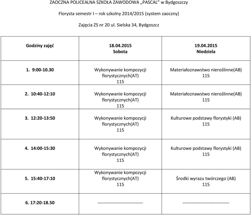 14:00-15:30 Kulturowe podstawy florystyki (AB) 5. 15:40-17:10 6.