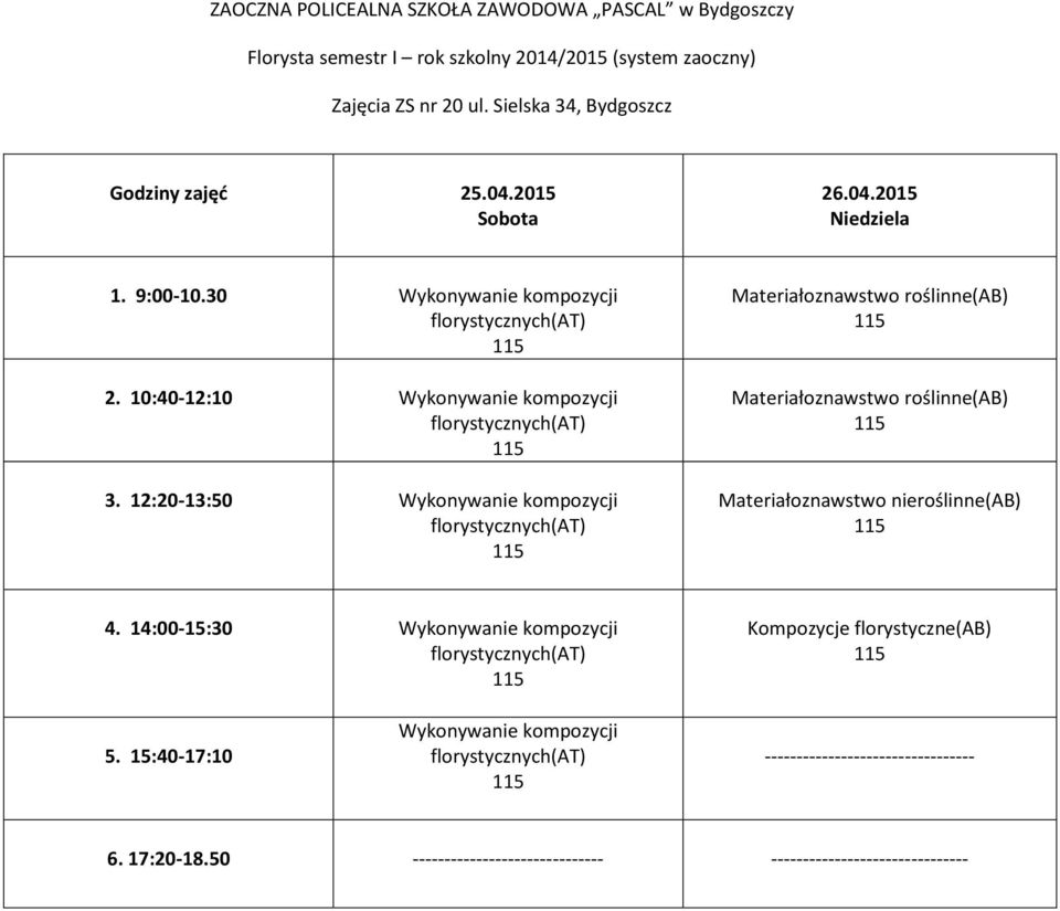 roślinne(ab) 4. 14:00-15:30 5.