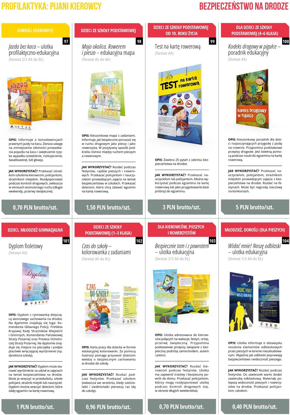 ROKU ŻYCIA Test na kartę rowerową (format A4) DLA DZIECI ZE SZKOŁY PODSTAWOWEJ (4 6 KLASA) 97 98 99 100 Kodeks drogowy w pigułce poradnik edukacyjny (format A6) OPIS: Informuje o konsekwencjach