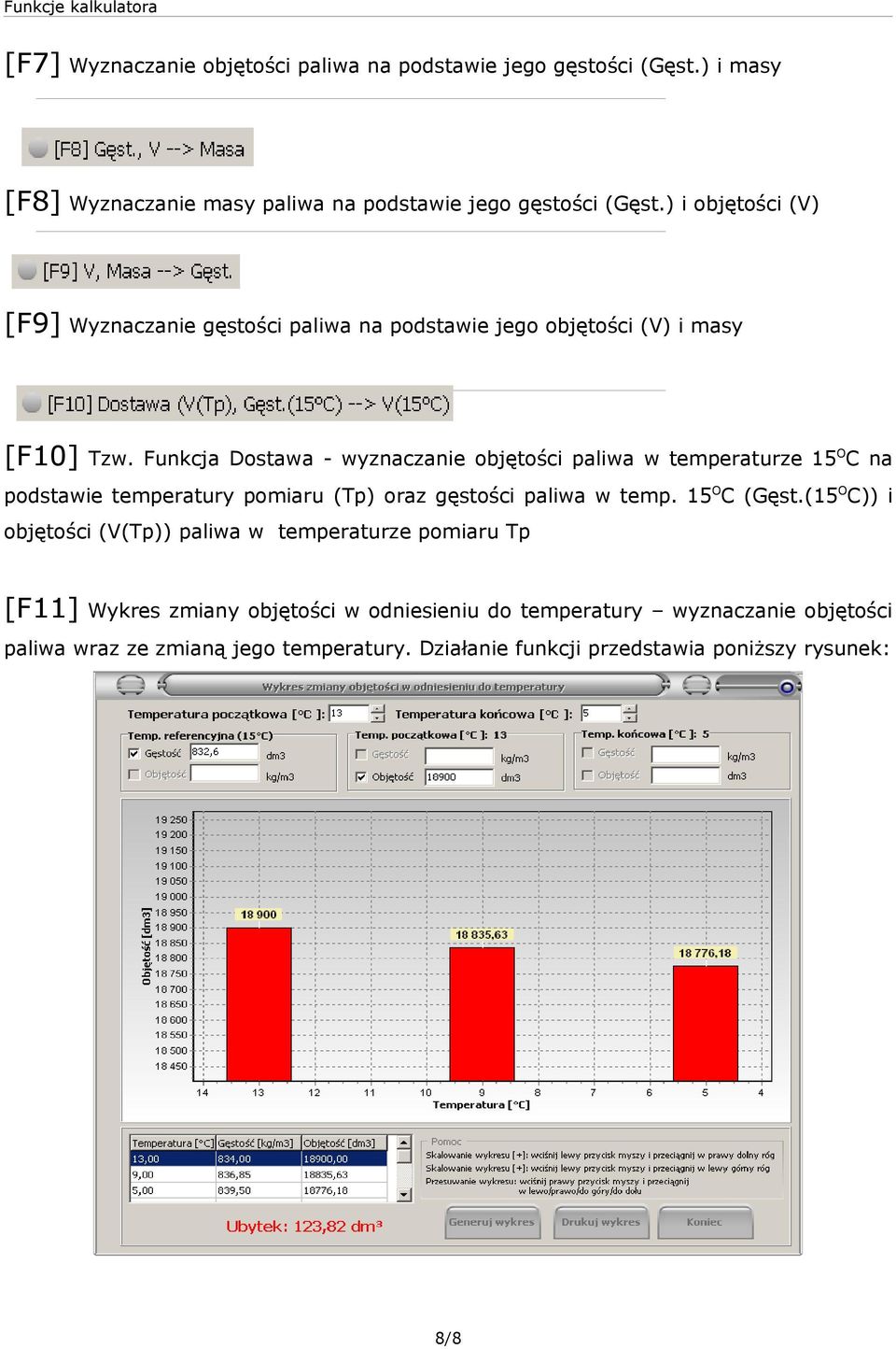 Funkcja Dostawa - wyznaczanie objętości paliwa w temperaturze 15 O C na podstawie temperatury pomiaru (Tp) oraz gęstości paliwa w temp. 15 O C (Gęst.