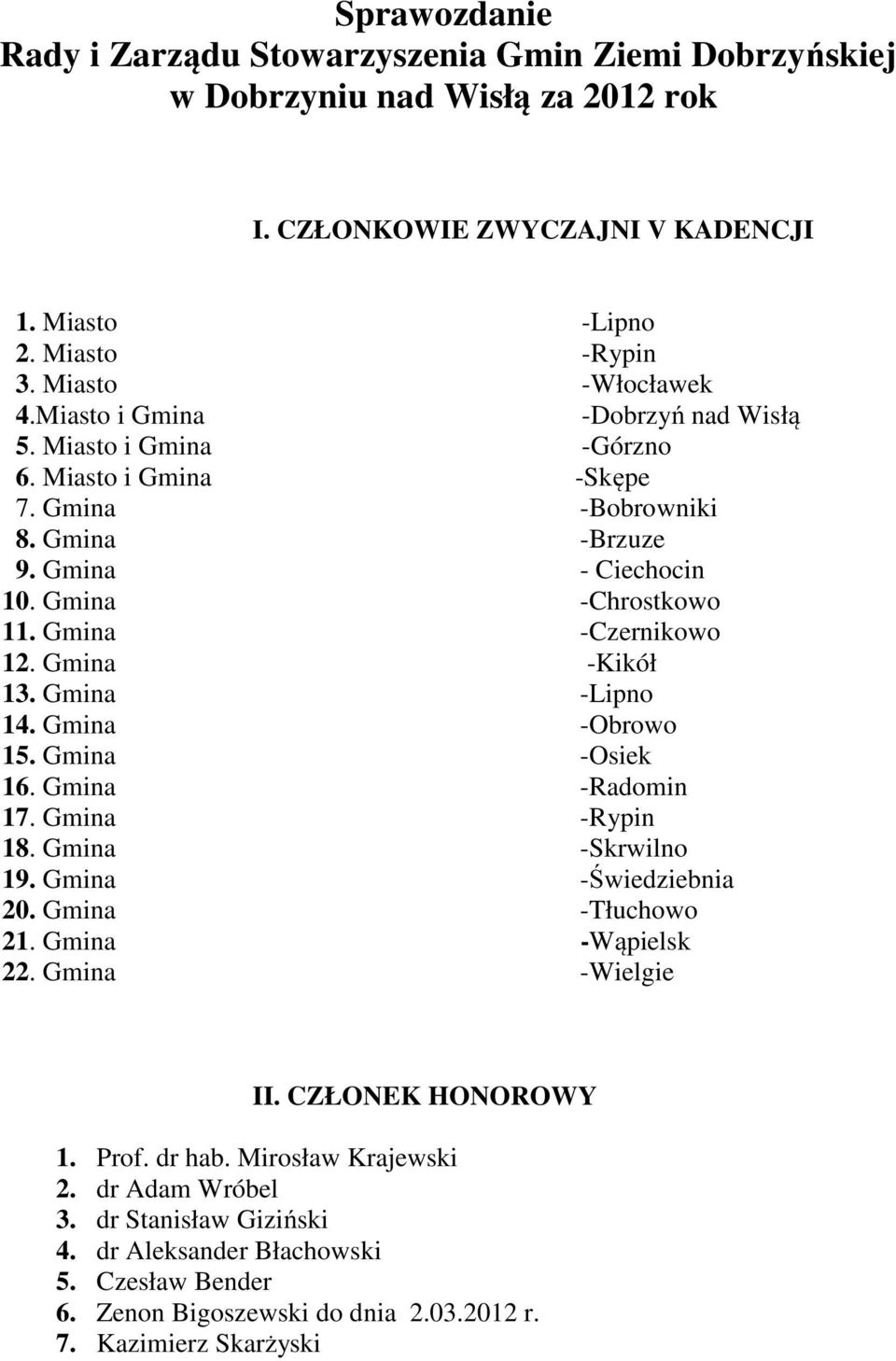 Gmina -Lipno 14. Gmina -Obrowo 15. Gmina -Osiek 16. Gmina -Radomin 17. Gmina -Rypin 18. Gmina -Skrwilno 19. Gmina -Świedziebnia 20. Gmina -Tłuchowo 21. Gmina -Wąpielsk 22. Gmina -Wielgie II.