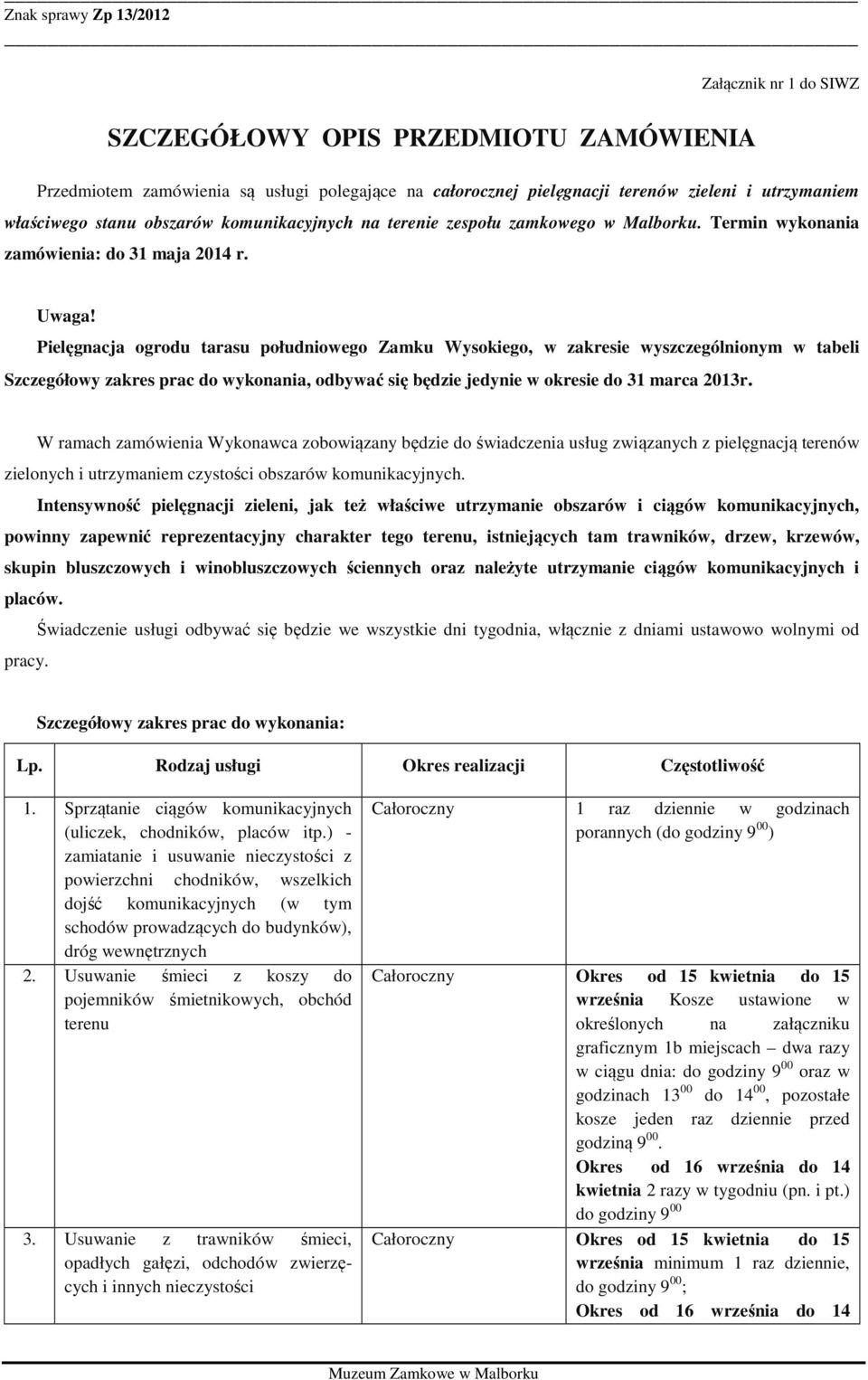 Pielęgnacja ogrodu tarasu południowego Zamku Wysokiego, w zakresie wyszczególnionym w tabeli Szczegółowy zakres prac do wykonania, odbywać się będzie jedynie w okresie do 31 marca 2013r.