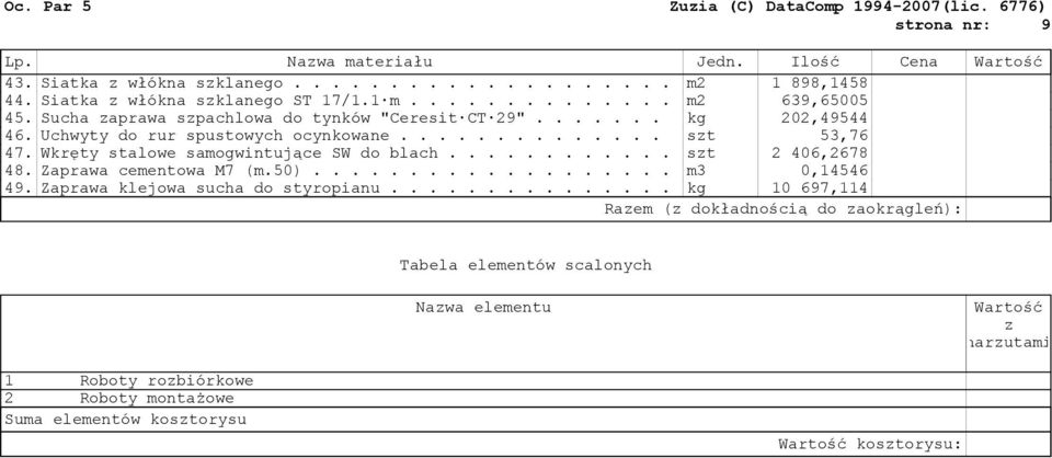 Wkręty stalowe samogwintujące SW do blach............ szt 2 406,2678 48. Zaprawa cementowa M7 (m.50)................... m3 0,14546 49. Zaprawa klejowa sucha do styropianu.