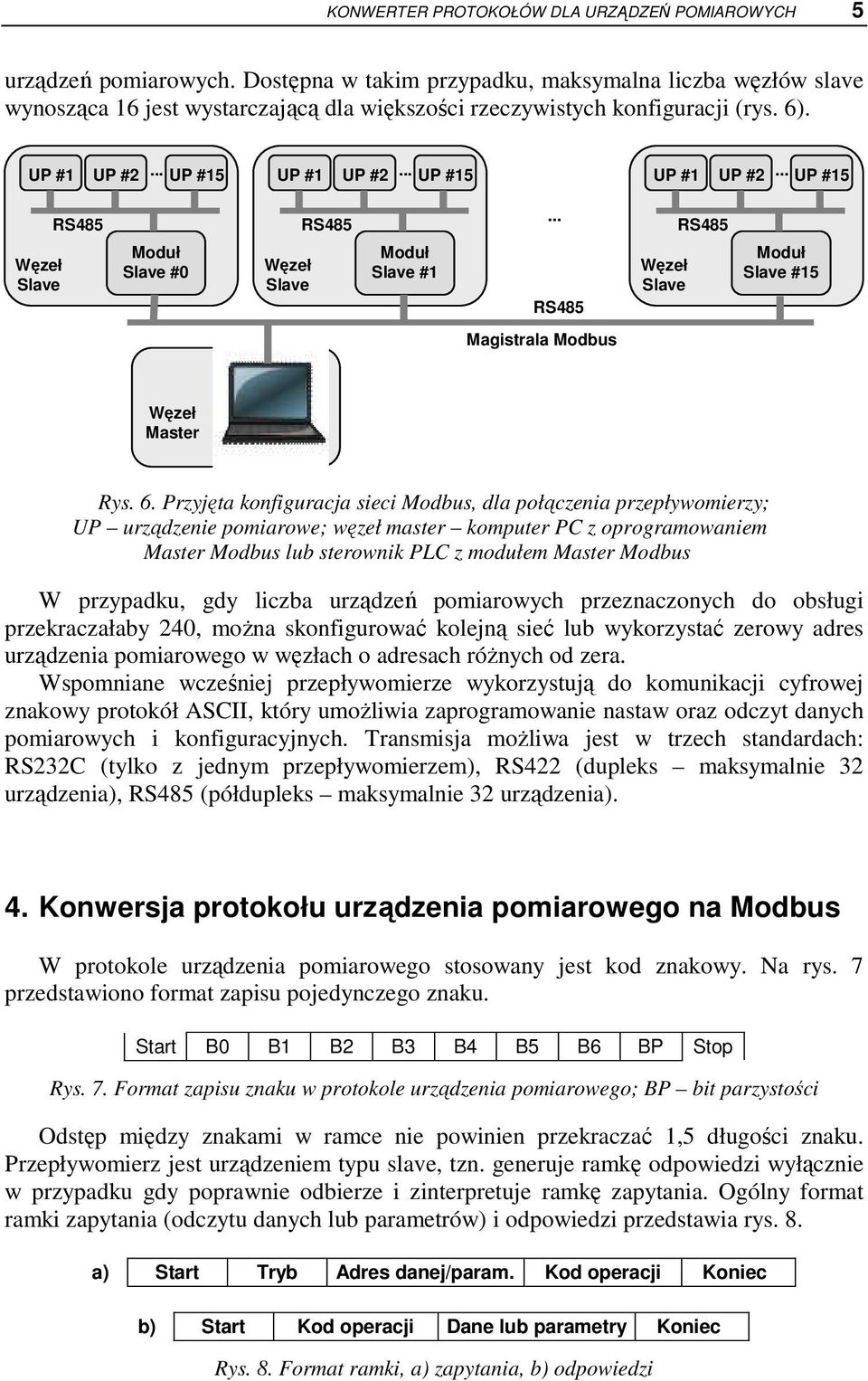 .. UP #15 UP #1 UP #2... UP #15 Węzeł Slave RS485 Moduł Slave #0 Węzeł Slave RS485 Moduł Slave #1... RS485 Węzeł Slave RS485 Moduł Slave #15 Magistrala Modbus Węzeł Master Rys. 6.