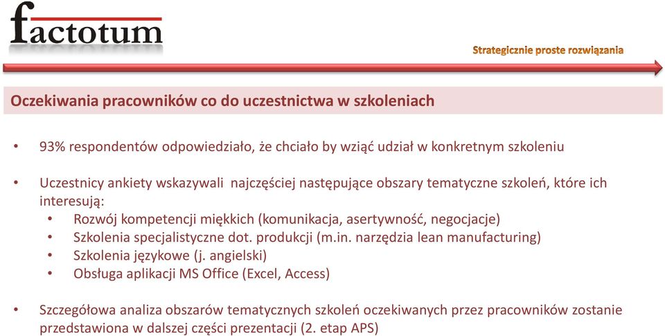 negocjacje) Szkolenia specjalistyczne dot. produkcji (m.in. narzędzia lean manufacturing) Szkolenia językowe (j.