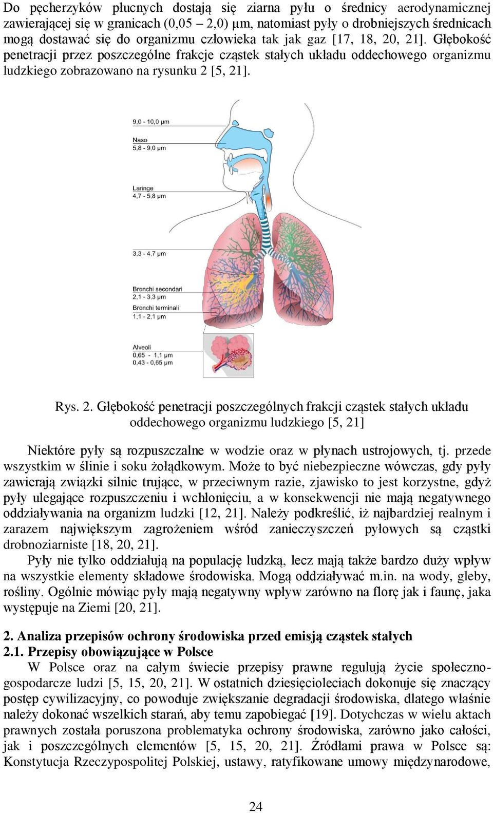 , 21]. Głębokość penetracji przez poszczególne frakcje cząstek stałych układu oddechowego organizmu ludzkiego zobrazowano na rysunku 2 [5, 21]. Rys. 2. Głębokość penetracji poszczególnych frakcji cząstek stałych układu oddechowego organizmu ludzkiego [5, 21] Niektóre pyły są rozpuszczalne w wodzie oraz w płynach ustrojowych, tj.