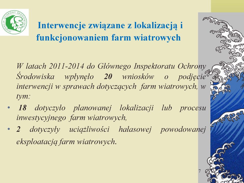 dotyczących farm wiatrowych, w tym: 18 dotyczyło planowanej lokalizacji lub procesu