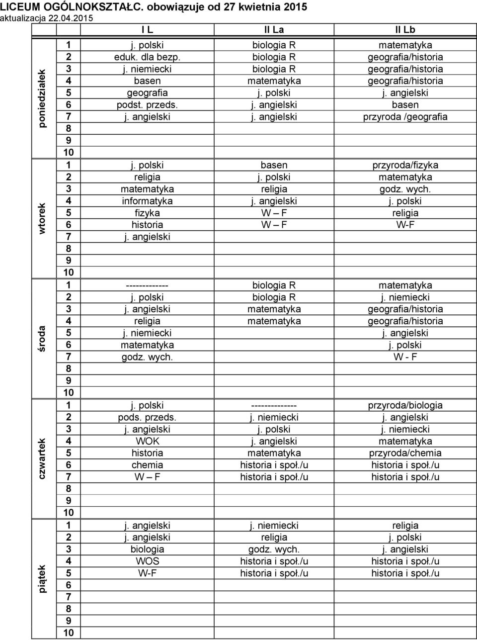 polski basen przyroda/fizyka 2 religia j. polski matematyka 3 matematyka religia godz. wych. 4 informatyka j. angielski j. polski 5 fizyka W F religia historia W F W-F j.