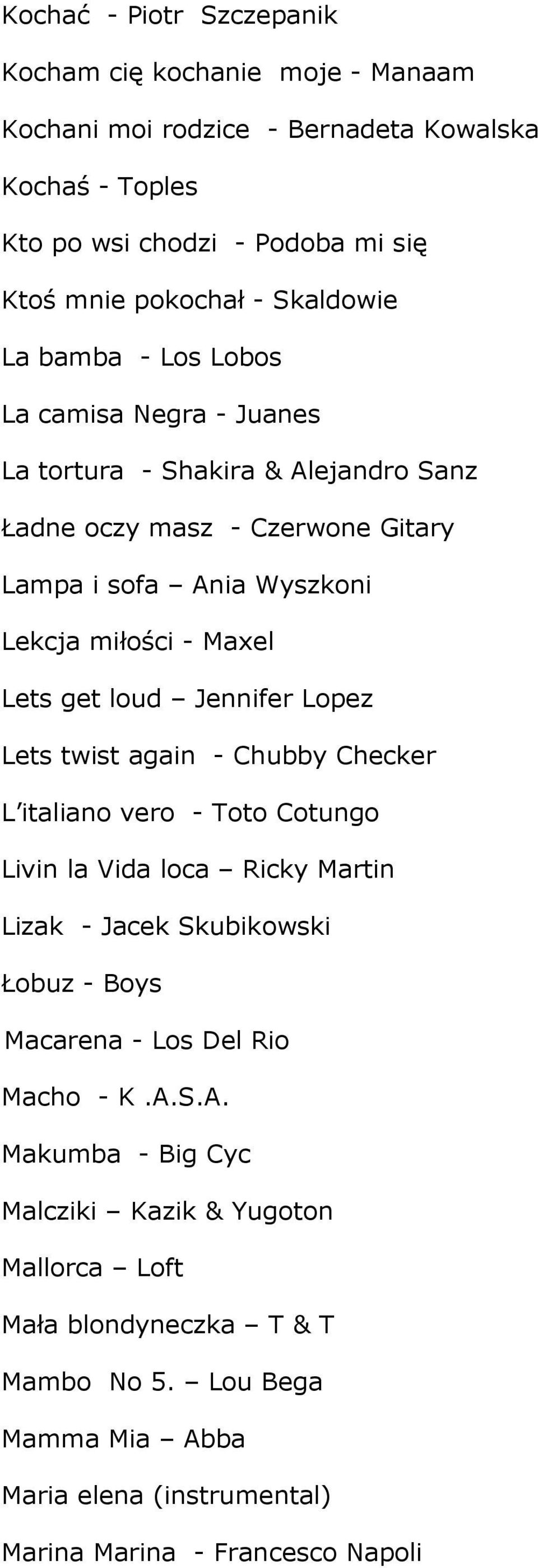 Jennifer Lopez Lets twist again - Chubby Checker L italiano vero - Toto Cotungo Livin la Vida loca Ricky Martin Lizak - Jacek Skubikowski Łobuz - Boys Macarena - Los Del Rio Macho -