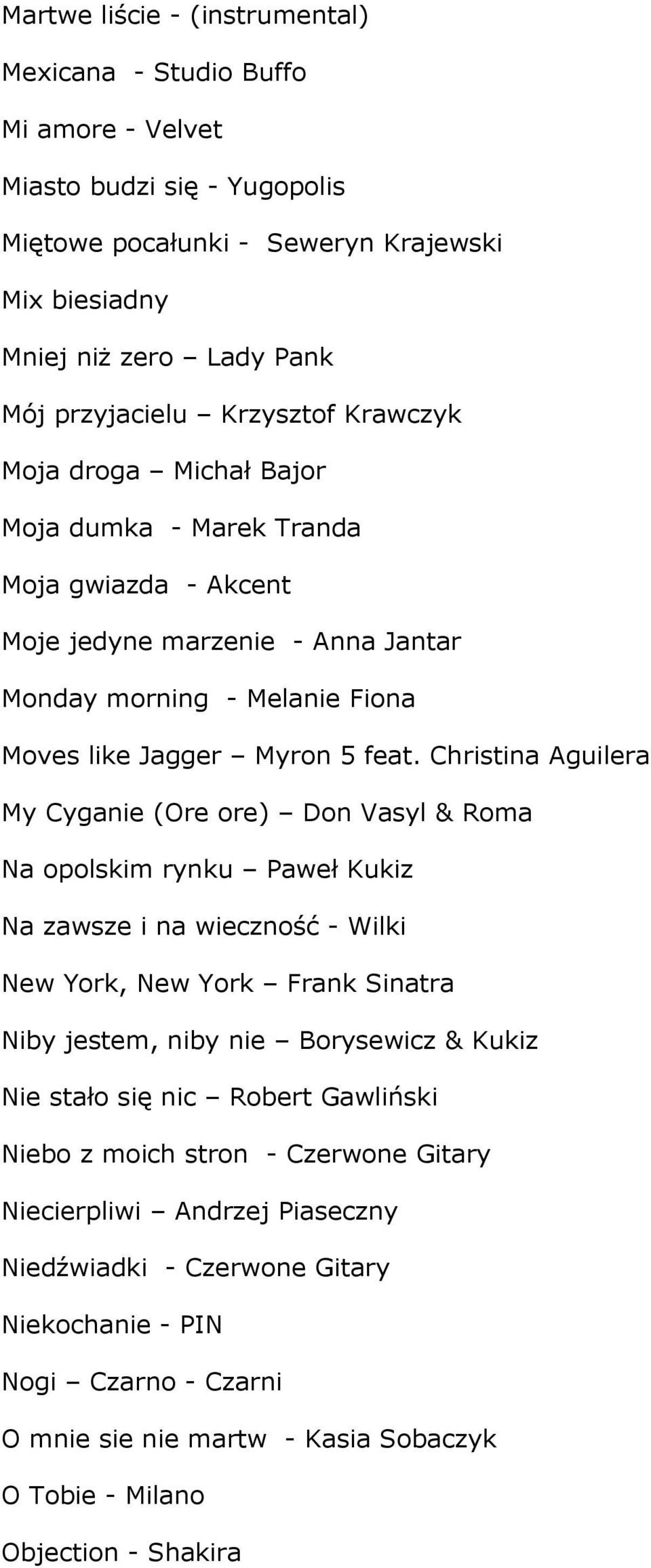 Christina Aguilera My Cyganie (Ore ore) Don Vasyl & Roma Na opolskim rynku Paweł Kukiz Na zawsze i na wieczność - Wilki New York, New York Frank Sinatra Niby jestem, niby nie Borysewicz & Kukiz Nie
