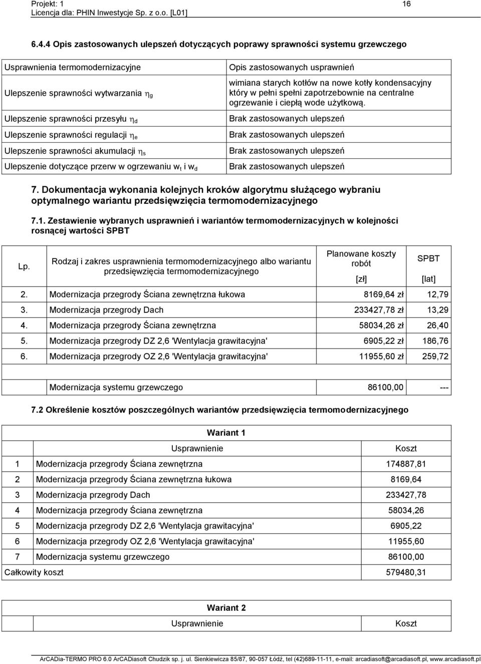 sprawności regulacji e Ulepszenie sprawności akumulacji s Ulepszenie dotyczące przerw w ogrzewaniu w t i w d Opis zastosowanych usprawnień wimiana starych kotłów na nowe kotły kondensacyjny który w