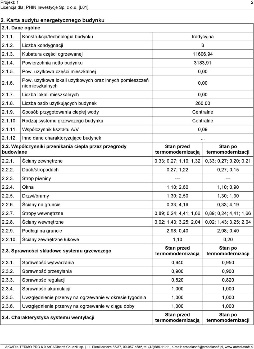 Liczba lokali mieszkalnych 0,00 2..8. Liczba osób użytkujących budynek 260,00 2..9. Sposób przygotowania ciepłej wody Centralne 2..0. Rodzaj systemu grzewczego budynku Centralne 2.