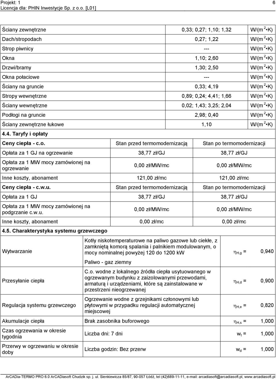 łukowe,0 W/(m 2 K) 4.4. Taryfy i opłaty Ceny ciepła - c.o. Stan przed termomodernizacją Stan po termomodernizacji Opłata za GJ na ogrzewanie 38,77 zł/gj 38,77 zł/gj Opłata za MW mocy zamówionej na