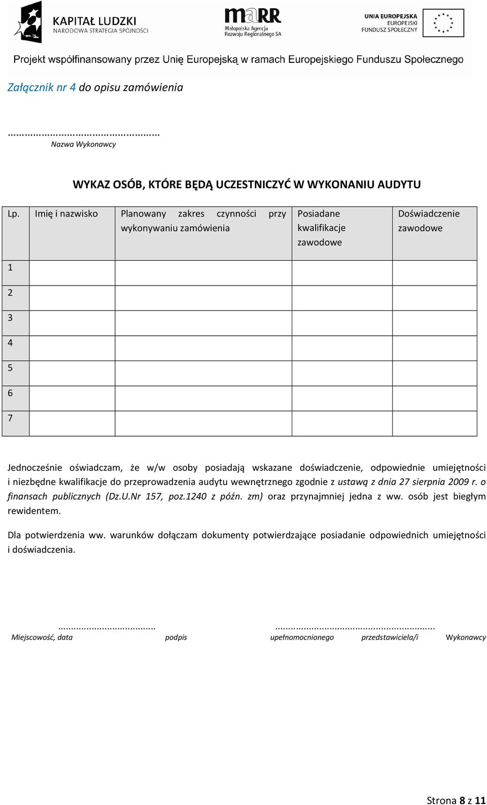 wskazane doświadczenie, odpowiednie umiejętności i niezbędne kwalifikacje do przeprowadzenia audytu wewnętrznego zgodnie z ustawą z dnia 27 sierpnia 2009 r. o finansach publicznych (Dz.U.