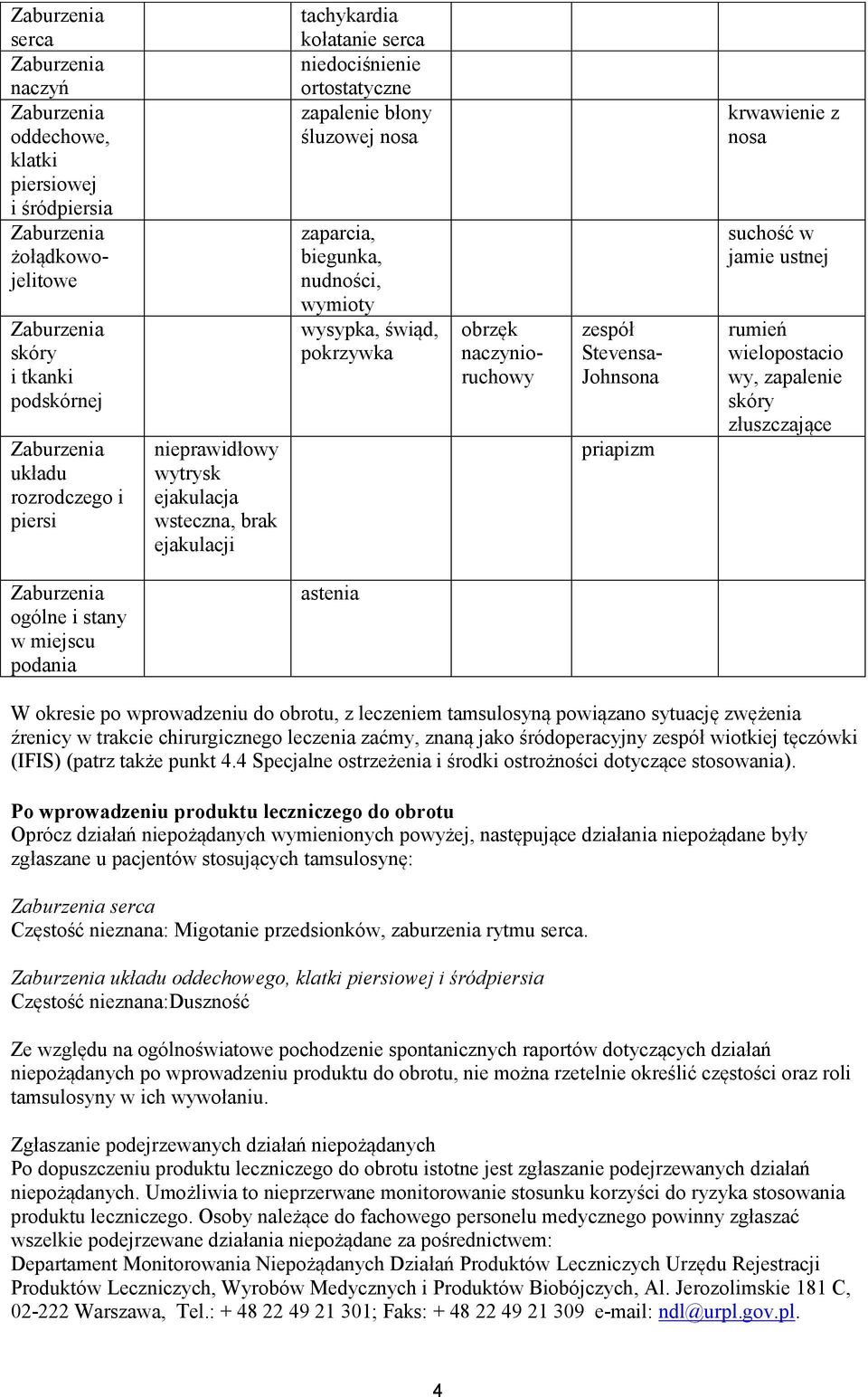krwawienie z nosa suchość w jamie ustnej rumień wielopostacio wy, zapalenie skóry złuszczające ogólne i stany w miejscu podania astenia W okresie po wprowadzeniu do obrotu, z leczeniem tamsulosyną